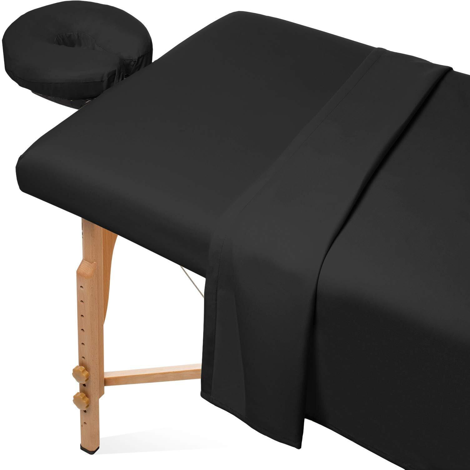 Saloniture 3-Piece Microfiber Massage Table Sheet Set - Premium Facial Bed Cover - Includes Flat And Fitted Sheets With Face Cradle Cover - Black