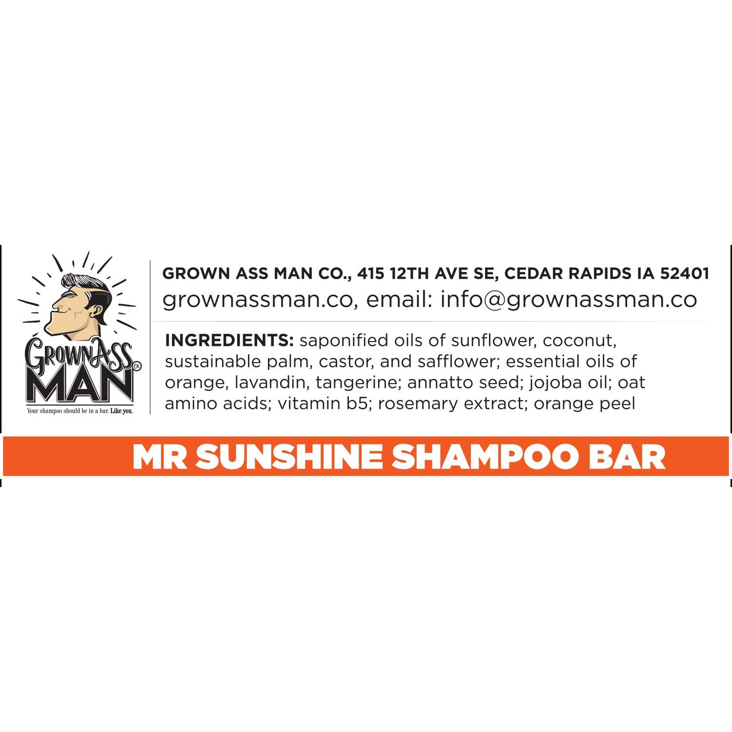 Grown Ass Man Co. - Solid Shampoo Bar Rich Lather 3 In 1 Hair  Beard & Body Wash - Plastic Free & Eco-Friendly  Natural & Organic Clean For All Hair Types  4Oz Bar (Mister Sunshine  Single)