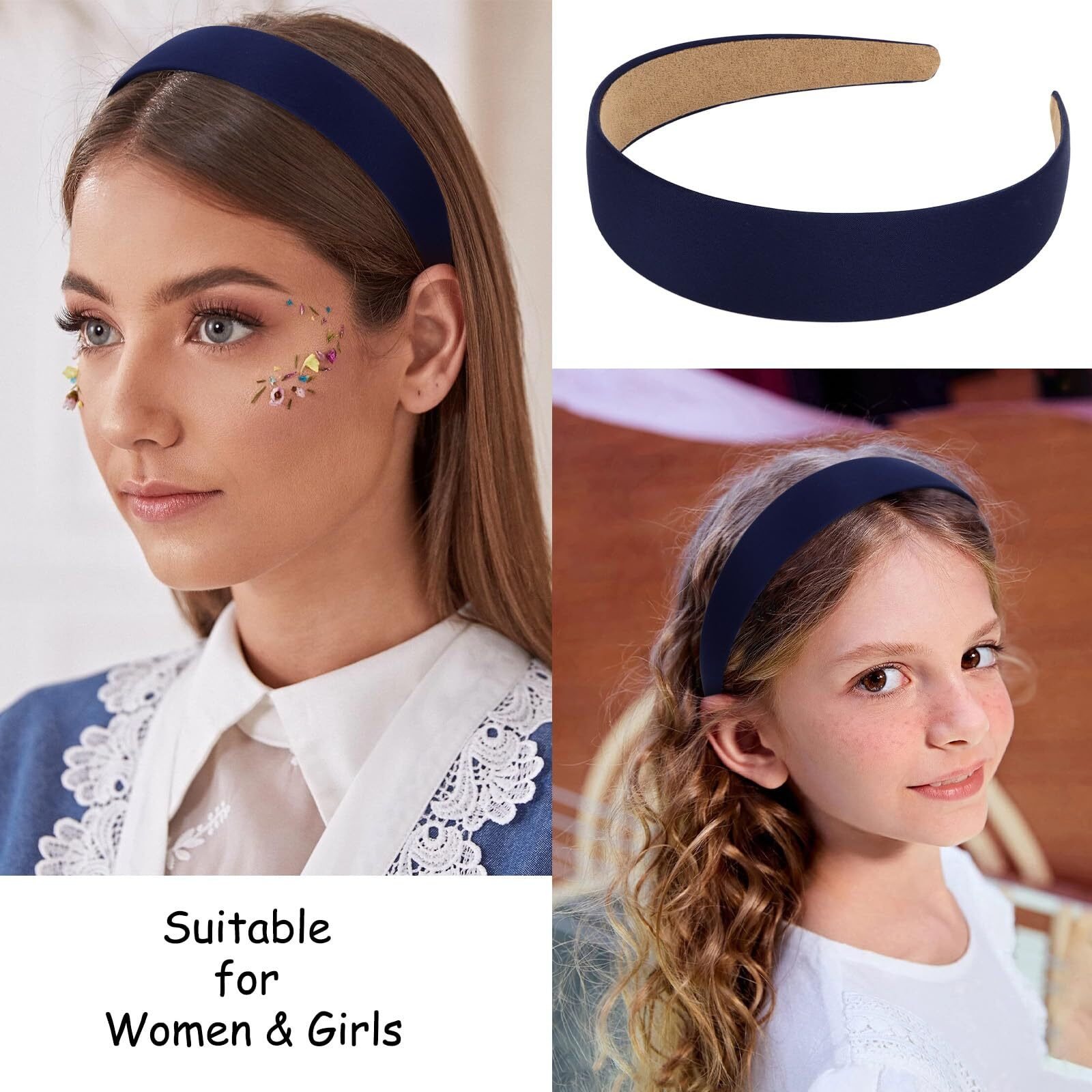 Wecoe Hairband  10 Pack Satin Headbands 1.3 Inch Wide  Dark Navy Blue  For Women And Girls  Non Slip Fashion Hair Bands  Diy Holiday Hair Accessories