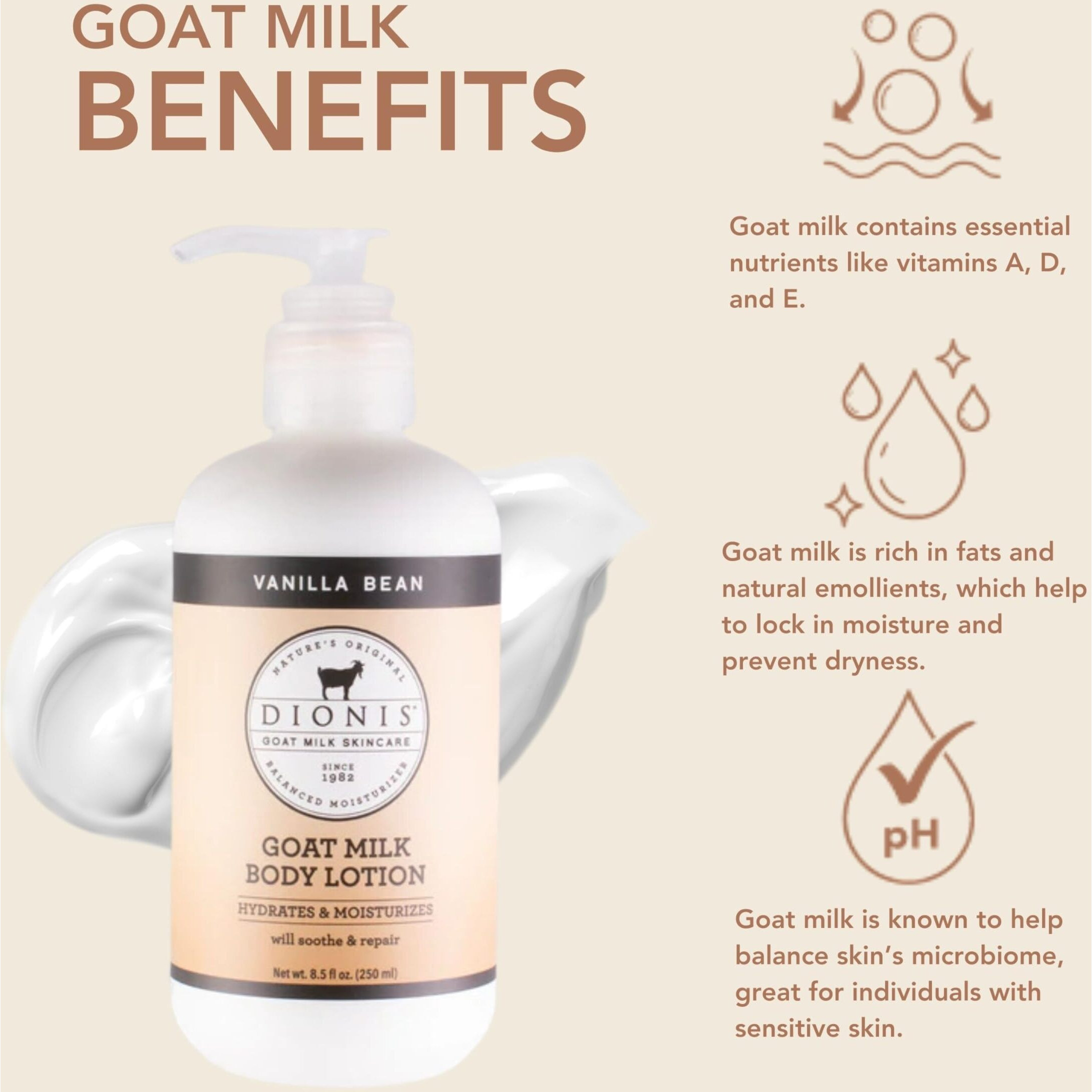 Dionis Goat Milk Hydrating Skincare Scented Cream  Rich & Creamy Daily Moisturizing Vanilla Bean Body Lotion For Dry Skin  Made In The Usa  Cruelty-Free & Paraben-Free  8.5 Oz Bottle