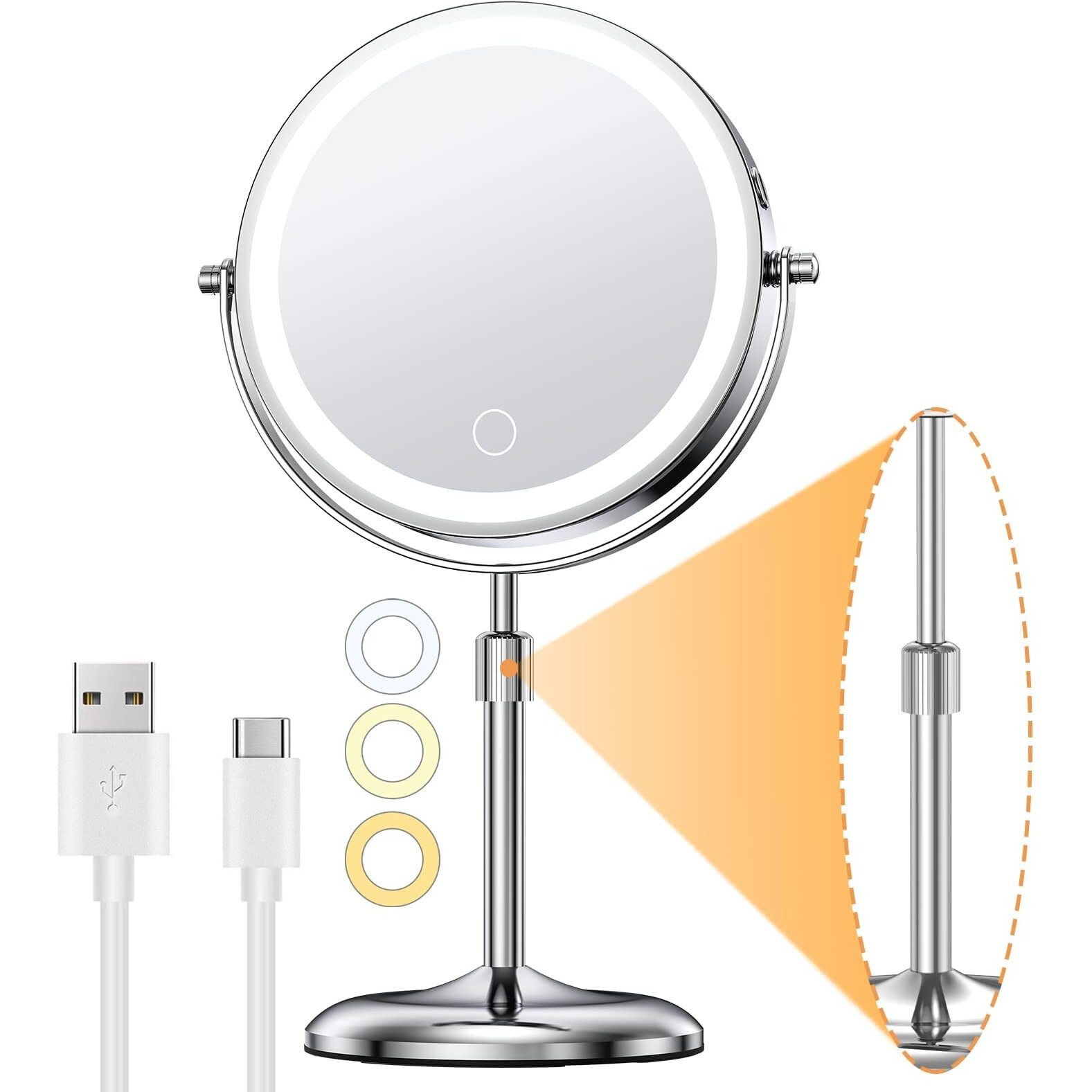 Gospire Lighted Makeup Mirror With Magnification 10X  Height Adjustable & 3 Color Dimmable Lights 7"" Cosmetic Mirror  360 Swivel Double Sided Rechargeable Led Vanity Mirror Cordless Standing Mirror
