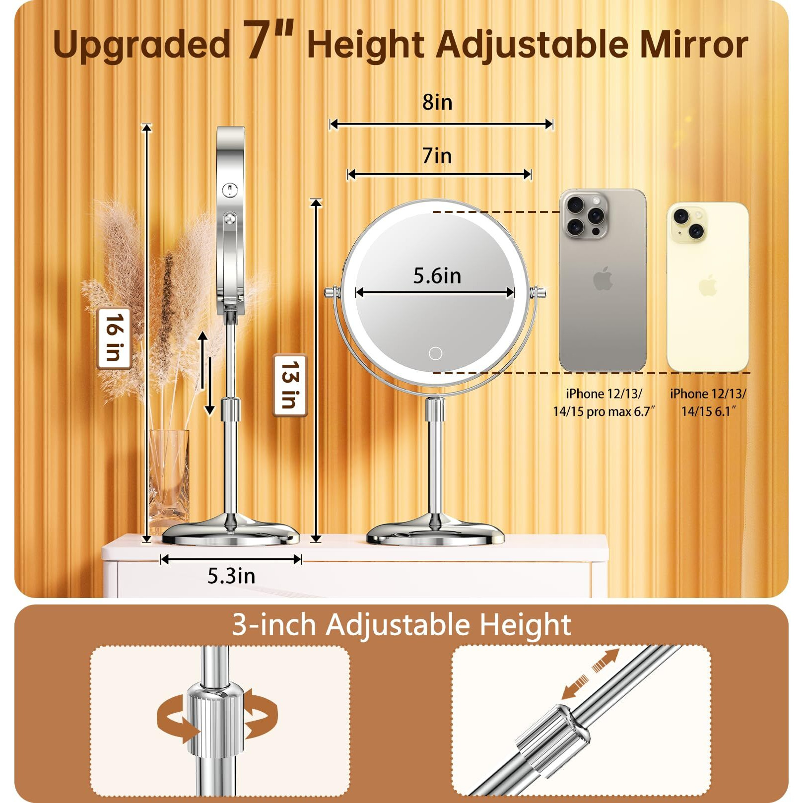 Gospire Lighted Makeup Mirror With Magnification 10X  Height Adjustable & 3 Color Dimmable Lights 7"" Cosmetic Mirror  360 Swivel Double Sided Rechargeable Led Vanity Mirror Cordless Standing Mirror