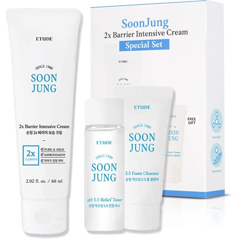 Etude Soonjung 2X Barrier Intense Cream Set | 2X Barrier Cream 2.02Fl.Oz + Ph 5.5 Relief Toner 0.85 Fl.Oz. + Foam Cleanser 0.68 Fl.Oz. | Oil And Water Balance Skin Care Moisturizing Cream