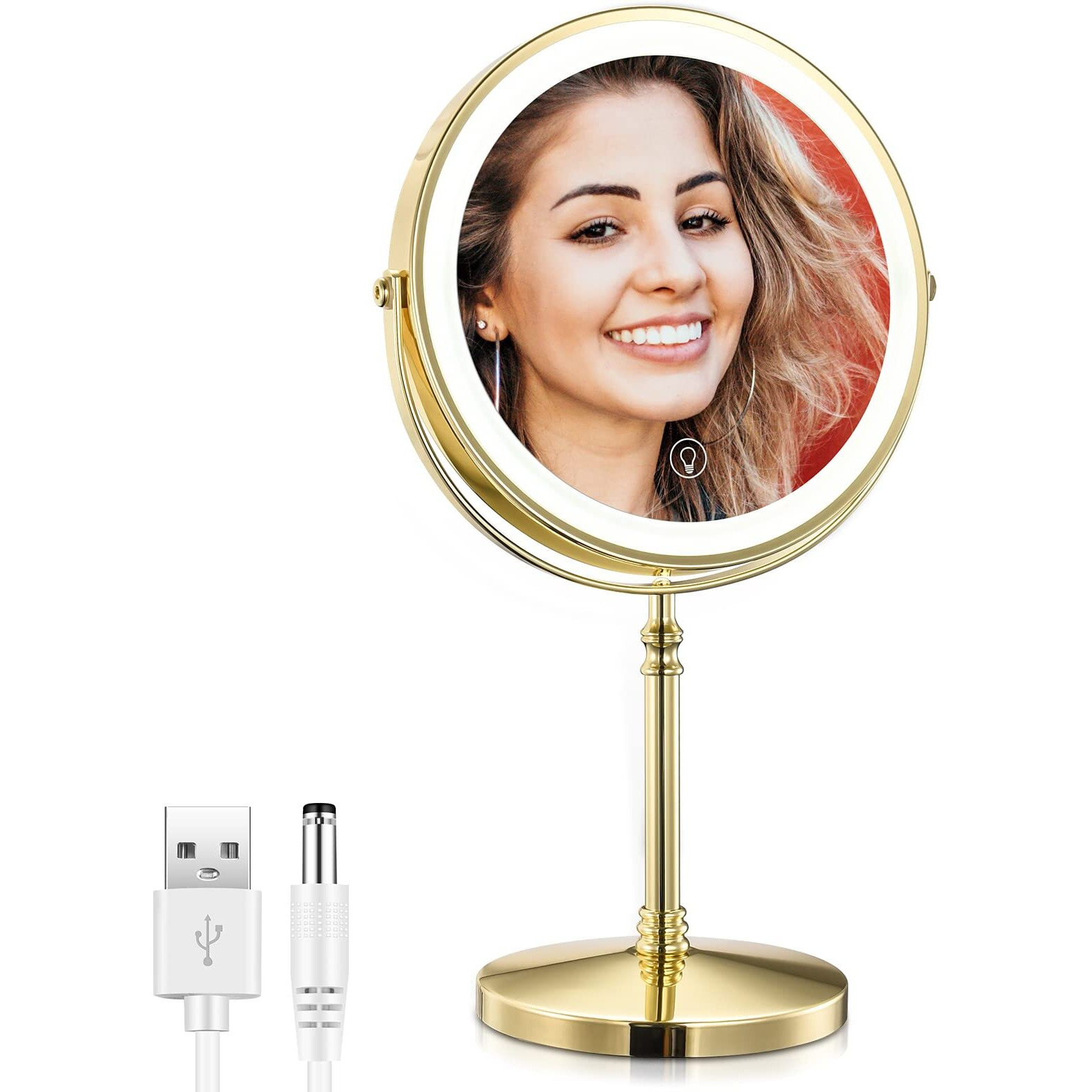 Amznevo Rechargeable 8 ' ' Lighted Makeup Mirror  1X 10X Magnifying Vanity Mirror With 3 Color Led Lights  Touch Sensor Adjust Brightness Double-Sided Cosmetic Mirror  Gold Finish