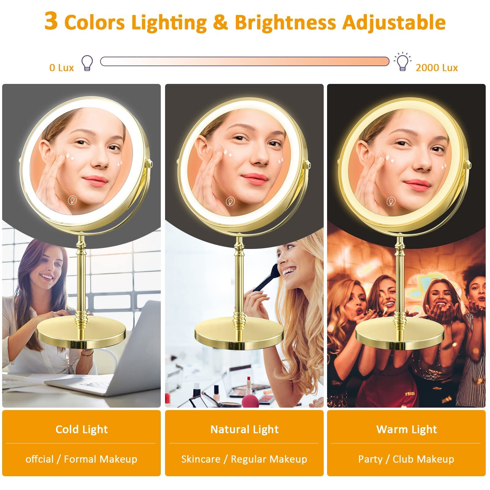 Amznevo Rechargeable 8 ' ' Lighted Makeup Mirror  1X 10X Magnifying Vanity Mirror With 3 Color Led Lights  Touch Sensor Adjust Brightness Double-Sided Cosmetic Mirror  Gold Finish