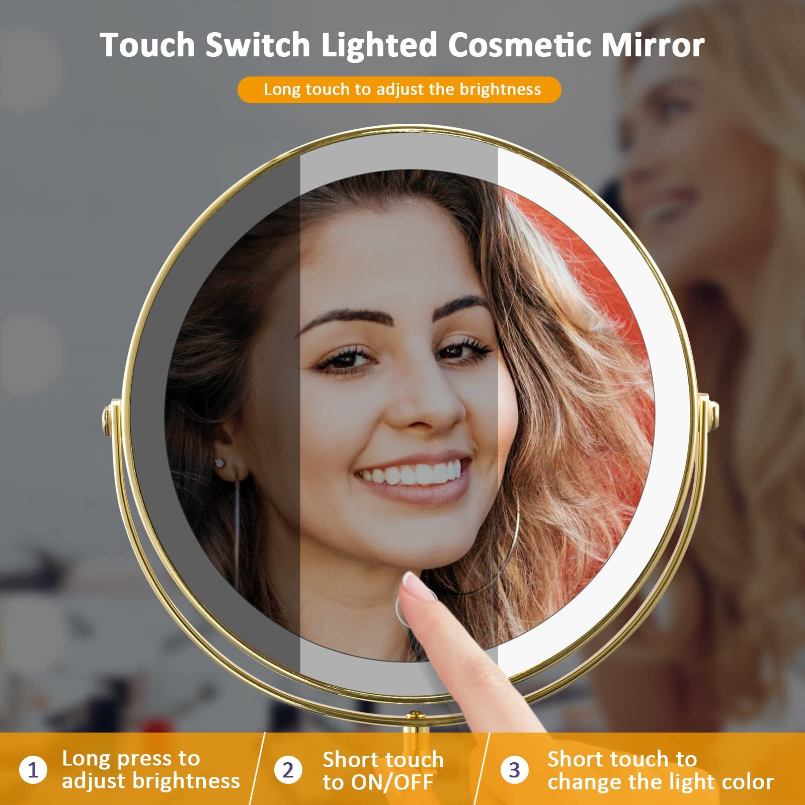 Amznevo Rechargeable 8 ' ' Lighted Makeup Mirror  1X 10X Magnifying Vanity Mirror With 3 Color Led Lights  Touch Sensor Adjust Brightness Double-Sided Cosmetic Mirror  Gold Finish
