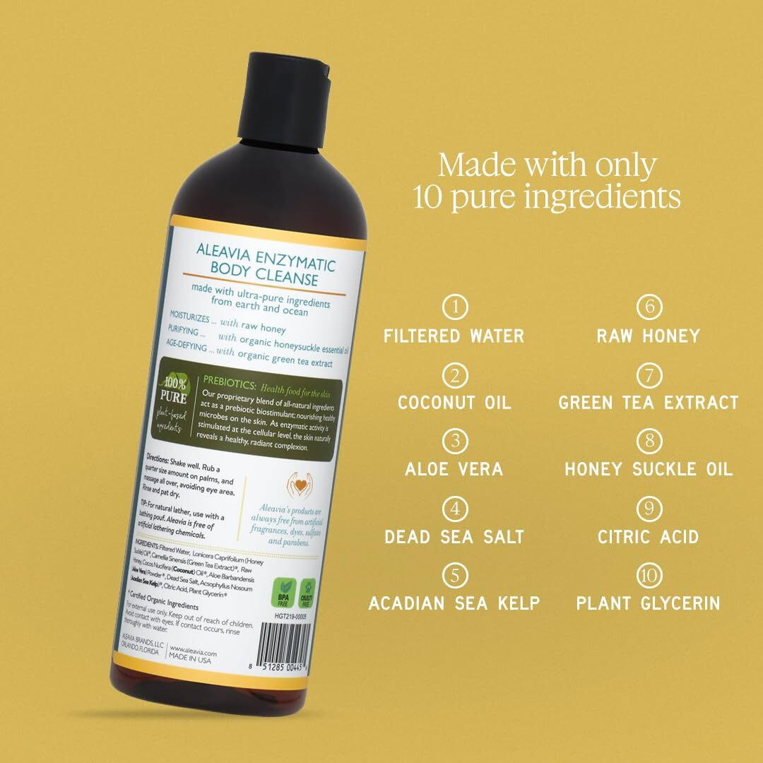 Aleavia Body Cleanse - Organic & All-Natural Prebiotic Body Wash With Raw Honey - Green Tea Honeysuckle Scent - 16 Oz.