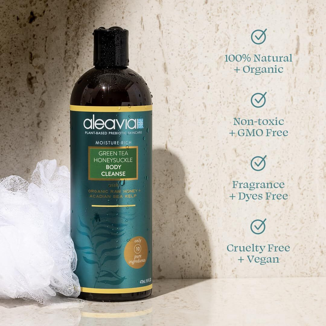 Aleavia Body Cleanse - Organic & All-Natural Prebiotic Body Wash With Raw Honey - Green Tea Honeysuckle Scent - 16 Oz.