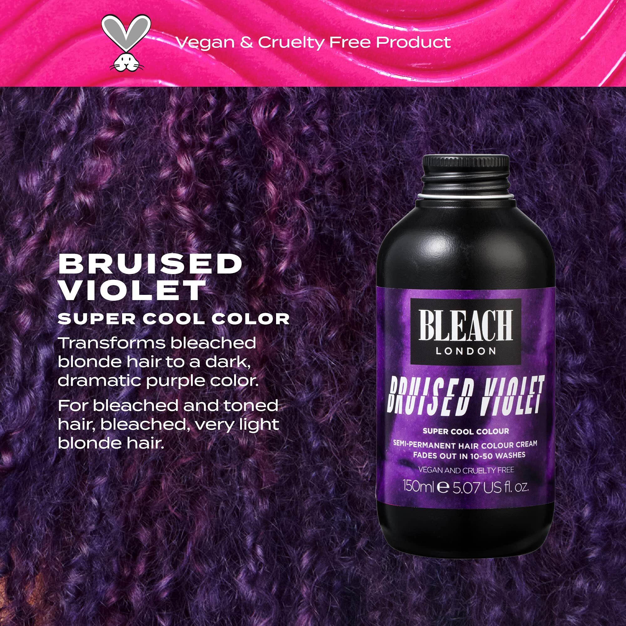 Bleach London Bruised Violet Color - Semi-Permanent Hair Color  Deep Dramatic Purple  Vegan  Cruelty Free  Temporary Hair Color Cream  5.07 Fl .Oz