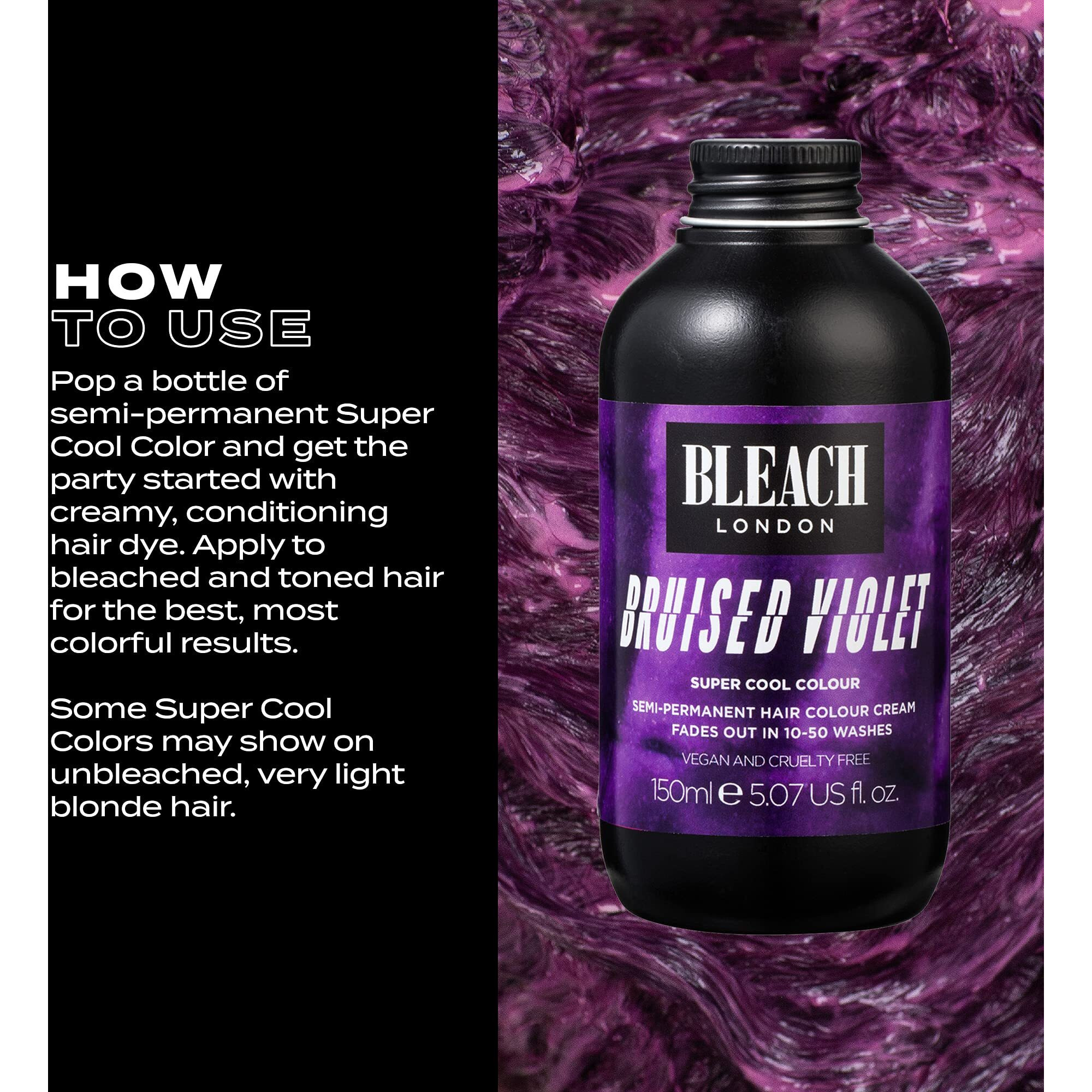 Bleach London Bruised Violet Color - Semi-Permanent Hair Color  Deep Dramatic Purple  Vegan  Cruelty Free  Temporary Hair Color Cream  5.07 Fl .Oz