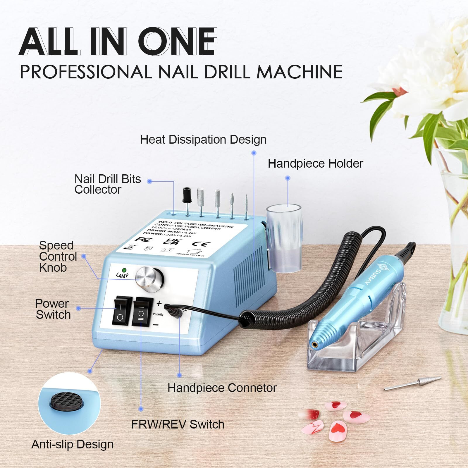 Subay Professional Nail Drill Electric File 20000Rpm For Acrylic Nails  Gel Nail  Nail Art Polisher  Manicure Pedicure Tools For Salon Home