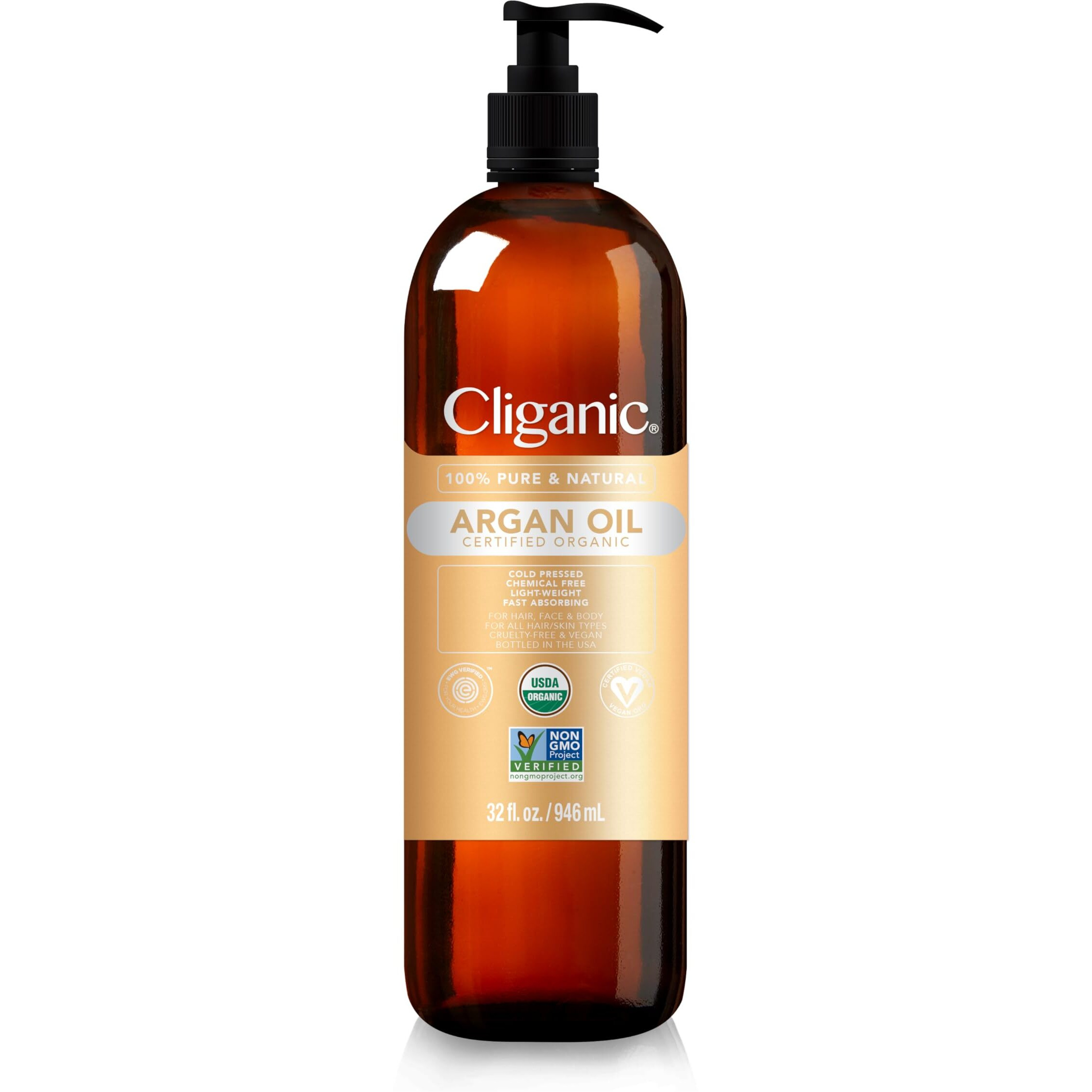 Cliganic Organic Argan Oil For Hair  Face & Skin (Bulk  32Oz With Pump) - 100% Pure  Cold Pressed