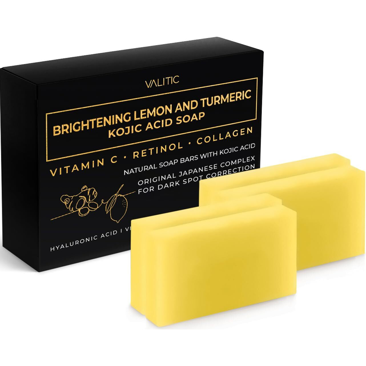 Valitic Brightening Lemon & Turmeric Kojic Acid Soap With Vitamin C  Retinol  Collagen - Original Japanese Complex Infused With Hyaluronic Acid  Vitamin E  Shea Butter  Castile Olive Oil (4 Pack)