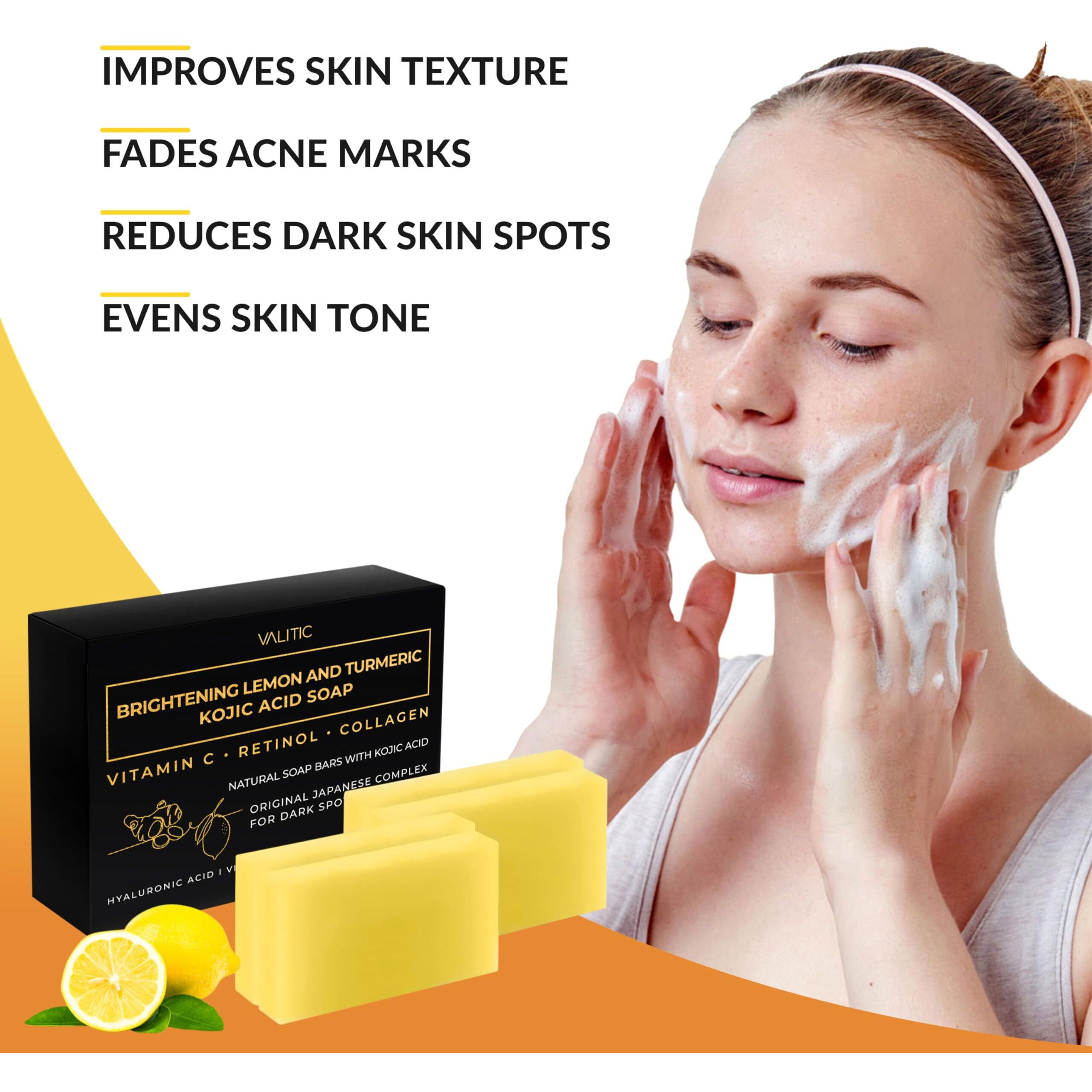 Valitic Brightening Lemon & Turmeric Kojic Acid Soap With Vitamin C  Retinol  Collagen - Original Japanese Complex Infused With Hyaluronic Acid  Vitamin E  Shea Butter  Castile Olive Oil (4 Pack)