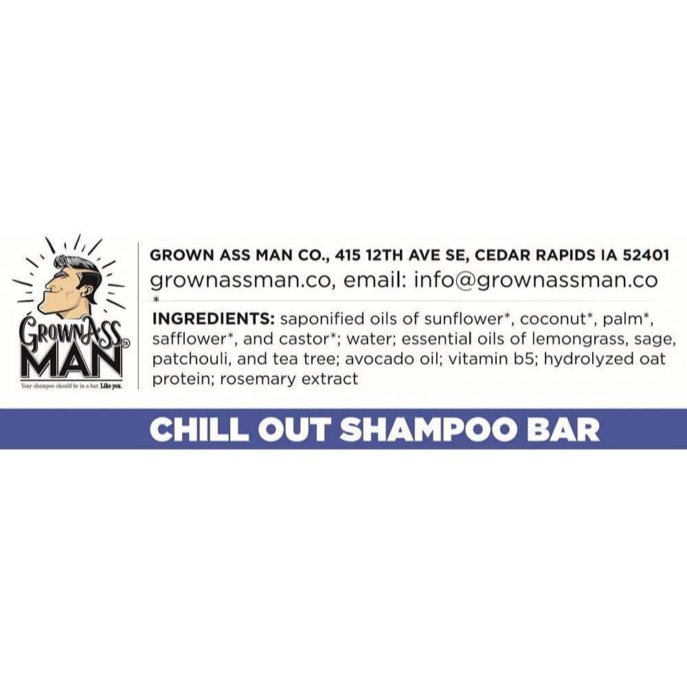 Grown Ass Man Co. - Solid Shampoo Bar Rich Lather 3 In 1 Hair  Beard & Body Wash - Plastic Free & Eco-Friendly  Natural & Organic Clean For All Hair Types  4Oz Bar (Chill Out  Single)