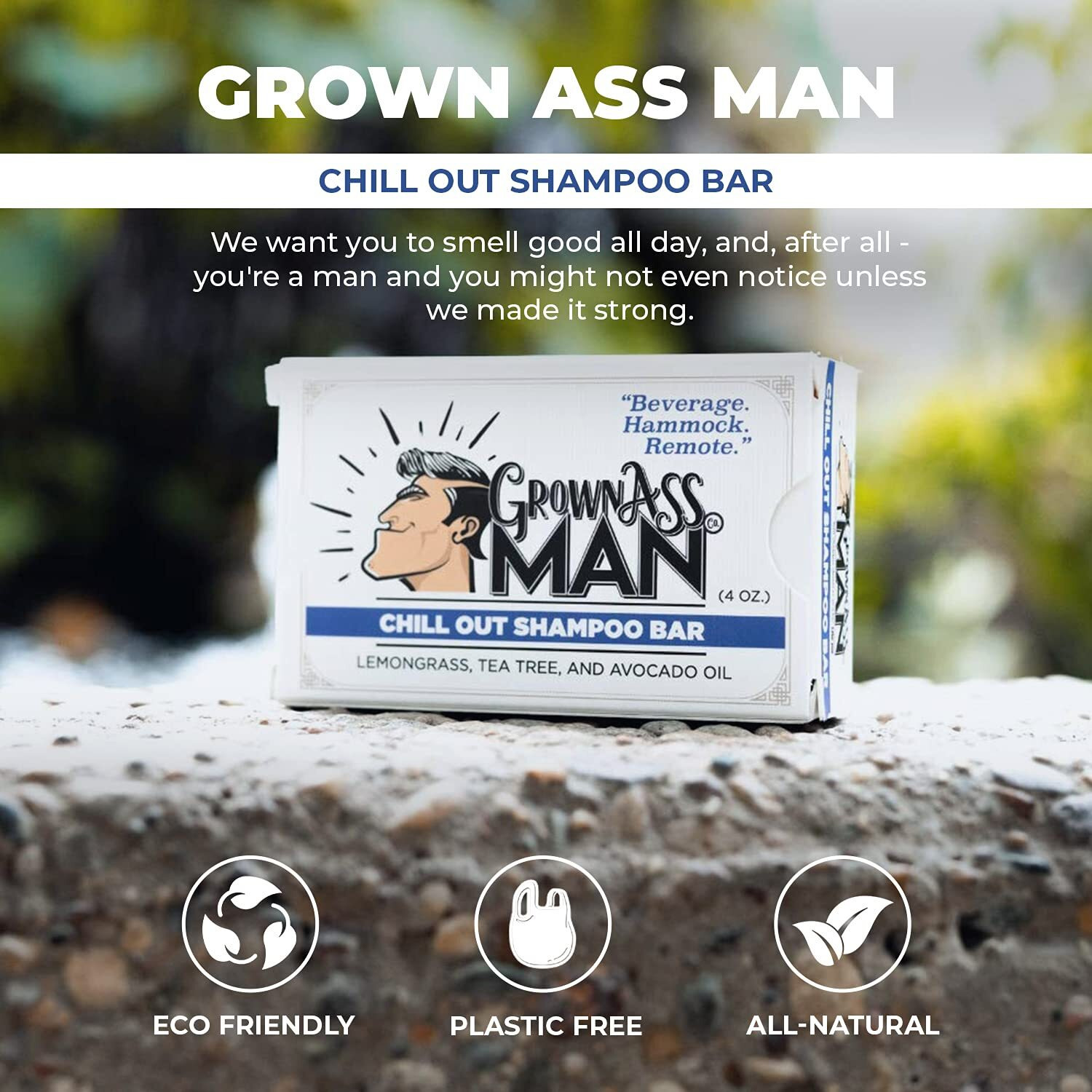Grown Ass Man Co. - Solid Shampoo Bar Rich Lather 3 In 1 Hair  Beard & Body Wash - Plastic Free & Eco-Friendly  Natural & Organic Clean For All Hair Types  4Oz Bar (Chill Out  Single)