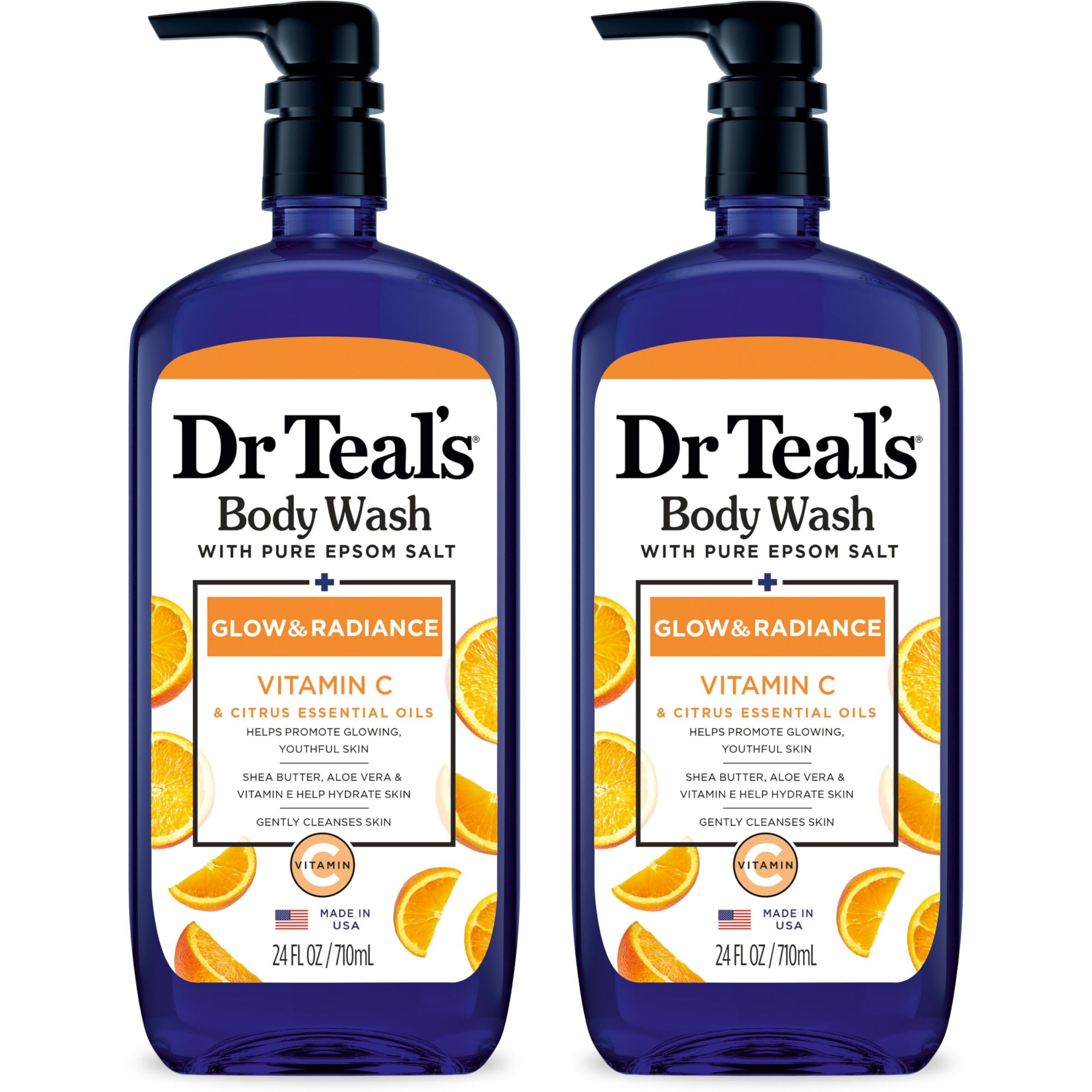 Dr Teal's Body Wash With Pure Epsom Salt  Glow & Radiance With Vitamin C & Citrus Essential Oils  24Oz (Pack Of 2) (Packaging May Vary)
