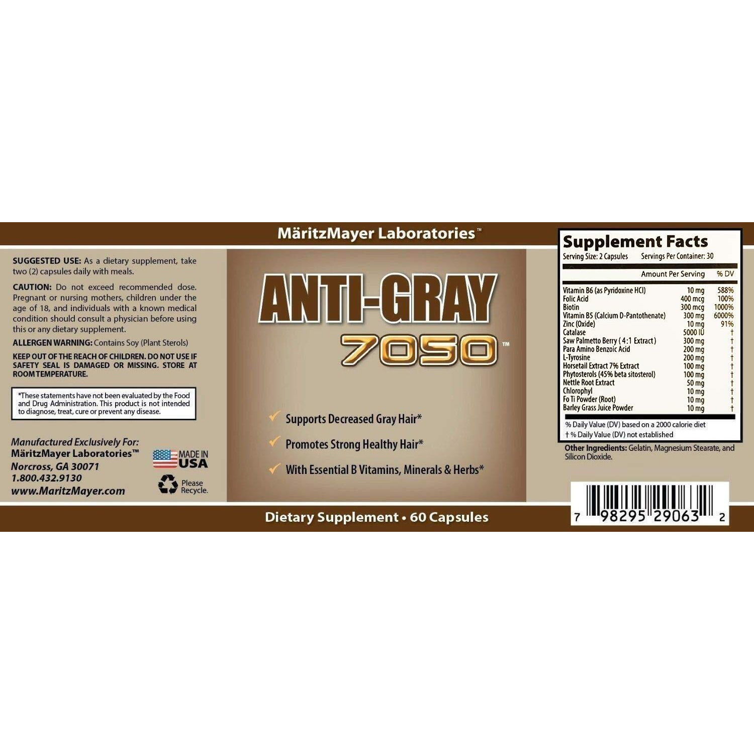 Anti Gray Hair 7050 Restore Natural Hair Color 60 Capsules Per Bottle (3 Bottles)