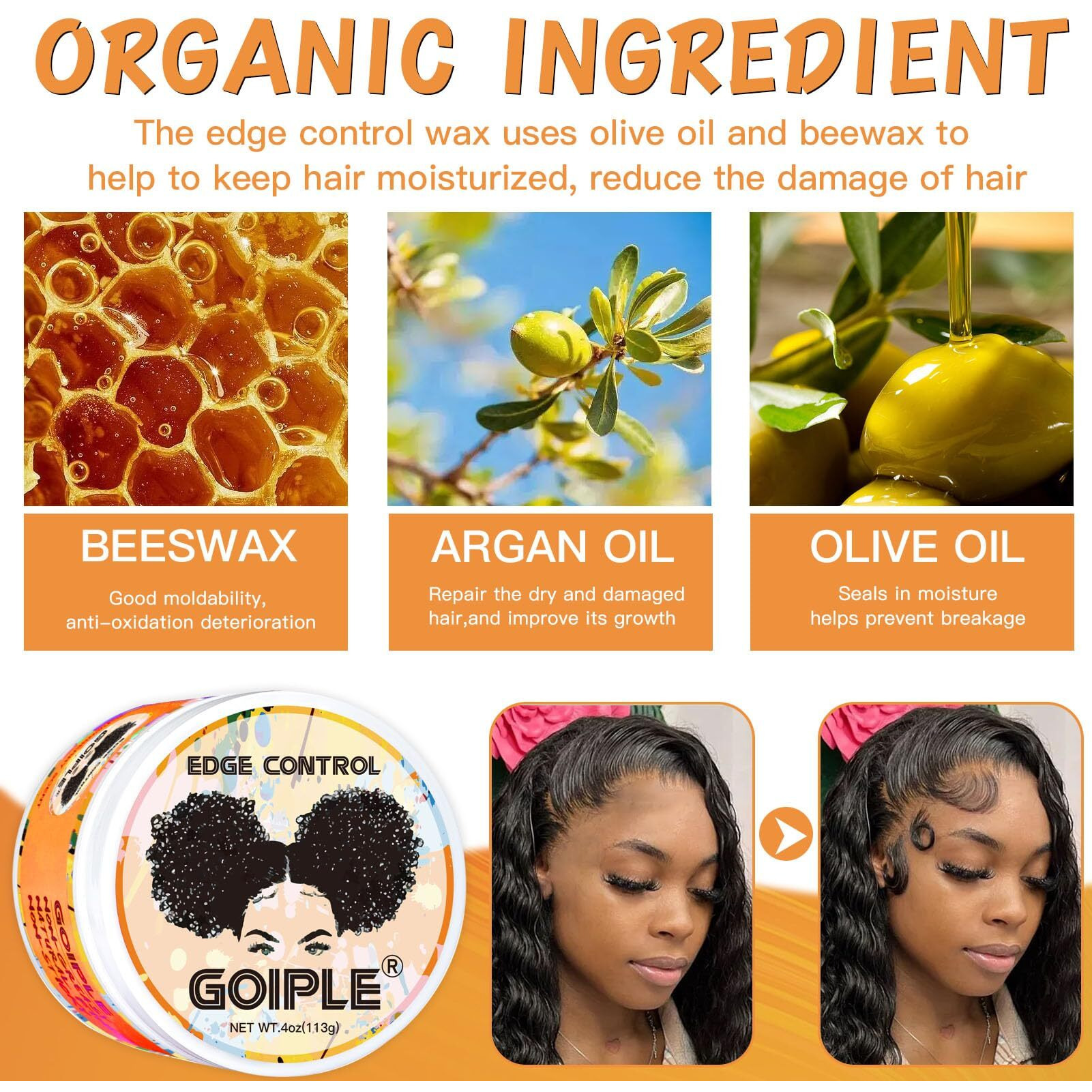 Edge Control Wax For Black Women - Strong Hold  Non-Greasy Smoother For Black Hair  No Flaking Or White Residue  Shine Hair Gel (Citrus Scent)