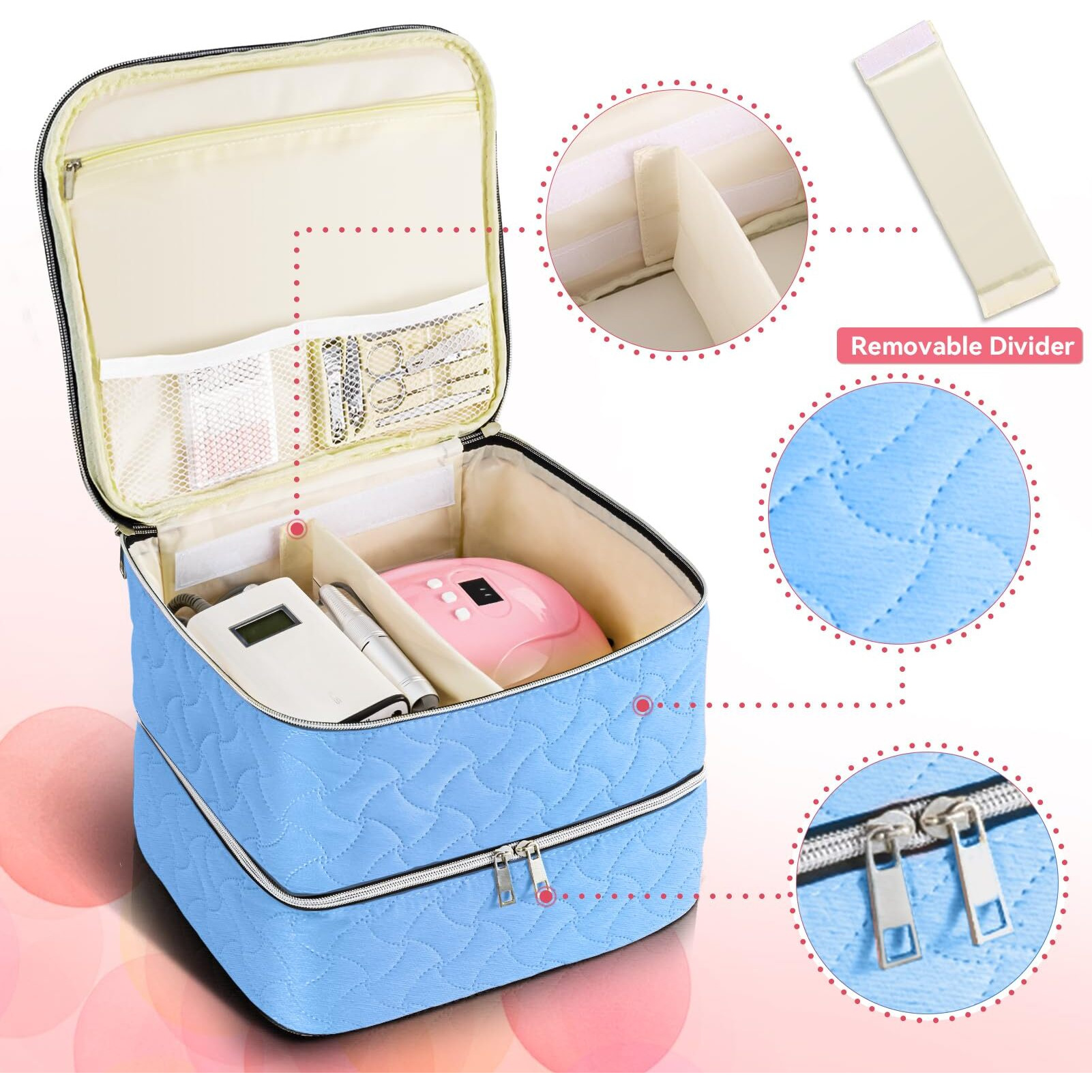 Nail Polish Organizer Case Holds 42 Bottles (15Ml/0.5 Fl.Oz)  Double-Layer Nail Polish Storage With Adjustable Dividers  Portable Nail Polish Bag For Nail Gel Nail Lamp And Manicure Tools  Light Blue