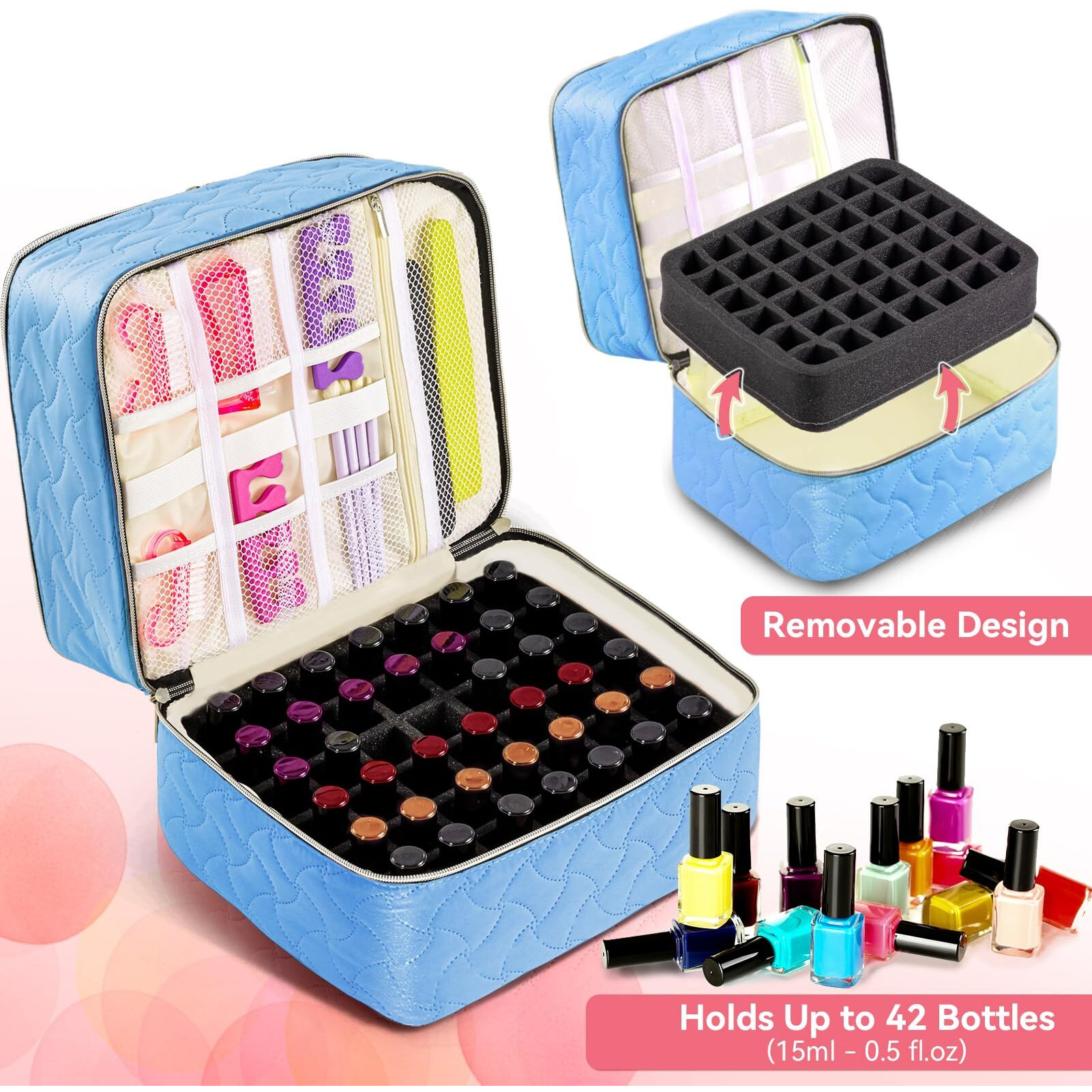 Nail Polish Organizer Case Holds 42 Bottles (15Ml/0.5 Fl.Oz)  Double-Layer Nail Polish Storage With Adjustable Dividers  Portable Nail Polish Bag For Nail Gel Nail Lamp And Manicure Tools  Light Blue