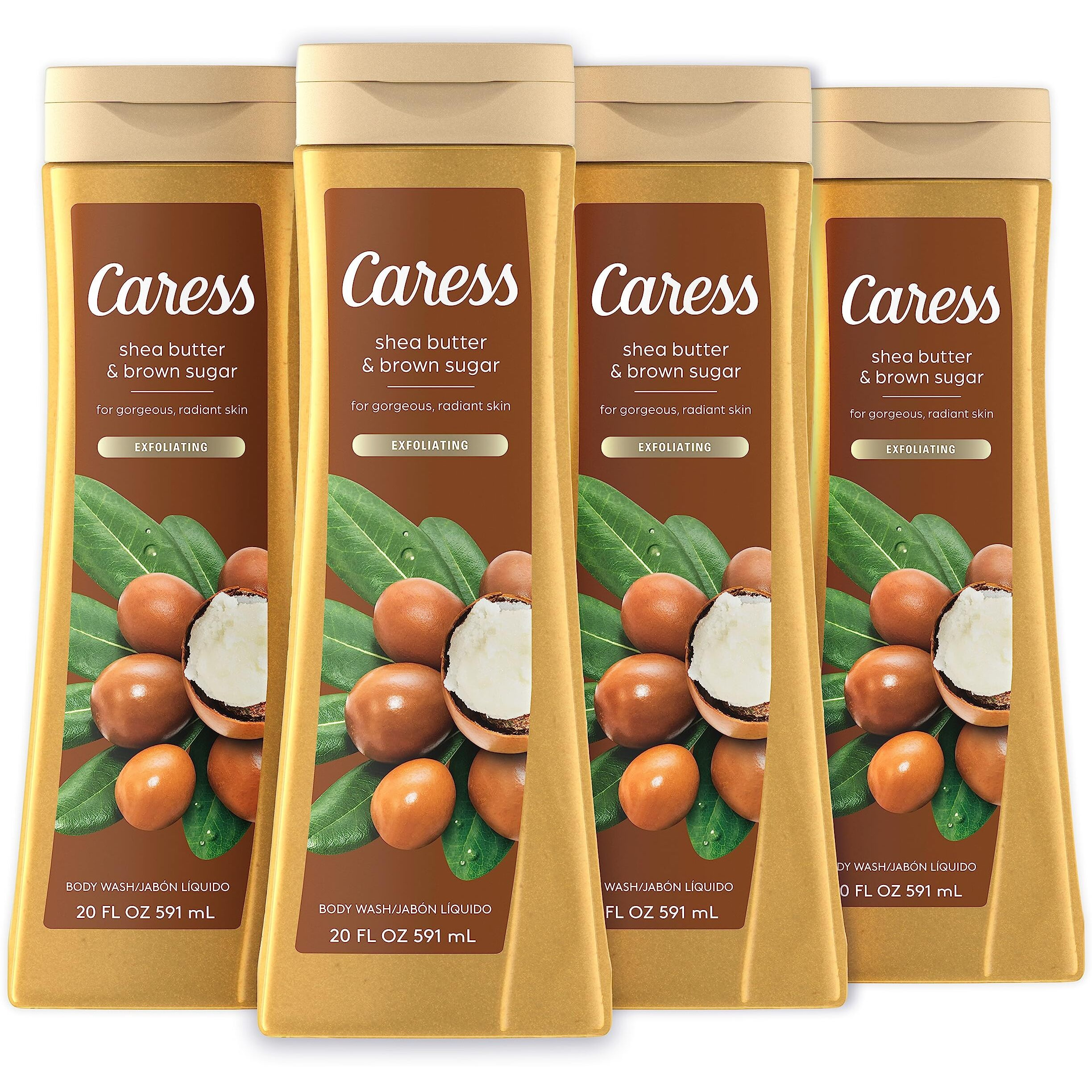 Caress Body Wash For Women  Shea Butter & Brown Sugar  Hydrating And Exfoliating Shower Gel For Gorgeous Radiant Skin  20 Fl Oz  4 Pack