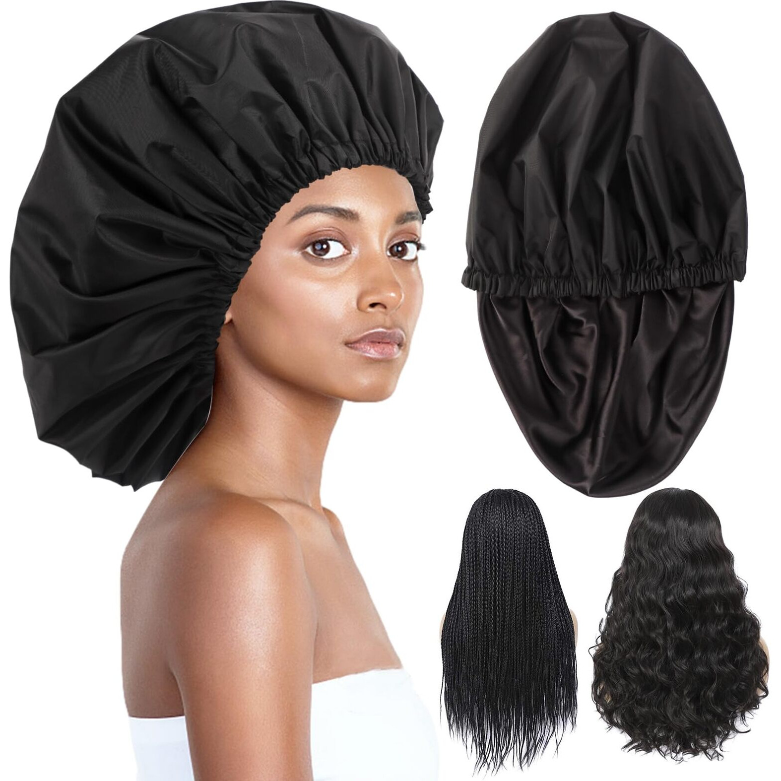 Shower Cap For Braids Extra Large Shower Cap For Women Braid Shower Cap For Long Braids Adjustable Jumbo Shower Cap Reusable Waterproof For Thick Long Hair Locs (X-Large Satin Lined Black)