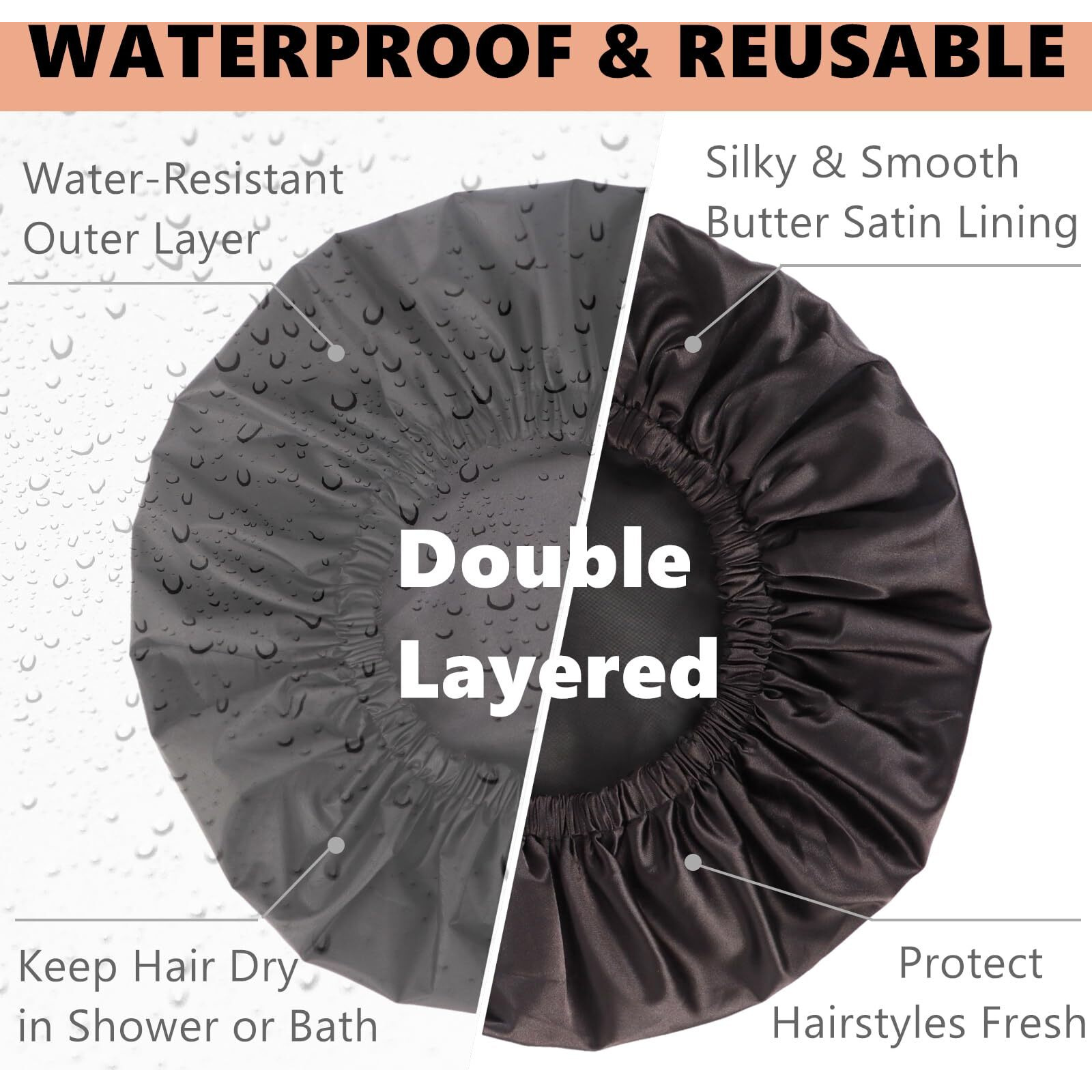 Shower Cap For Braids Extra Large Shower Cap For Women Braid Shower Cap For Long Braids Adjustable Jumbo Shower Cap Reusable Waterproof For Thick Long Hair Locs (X-Large Satin Lined Black)