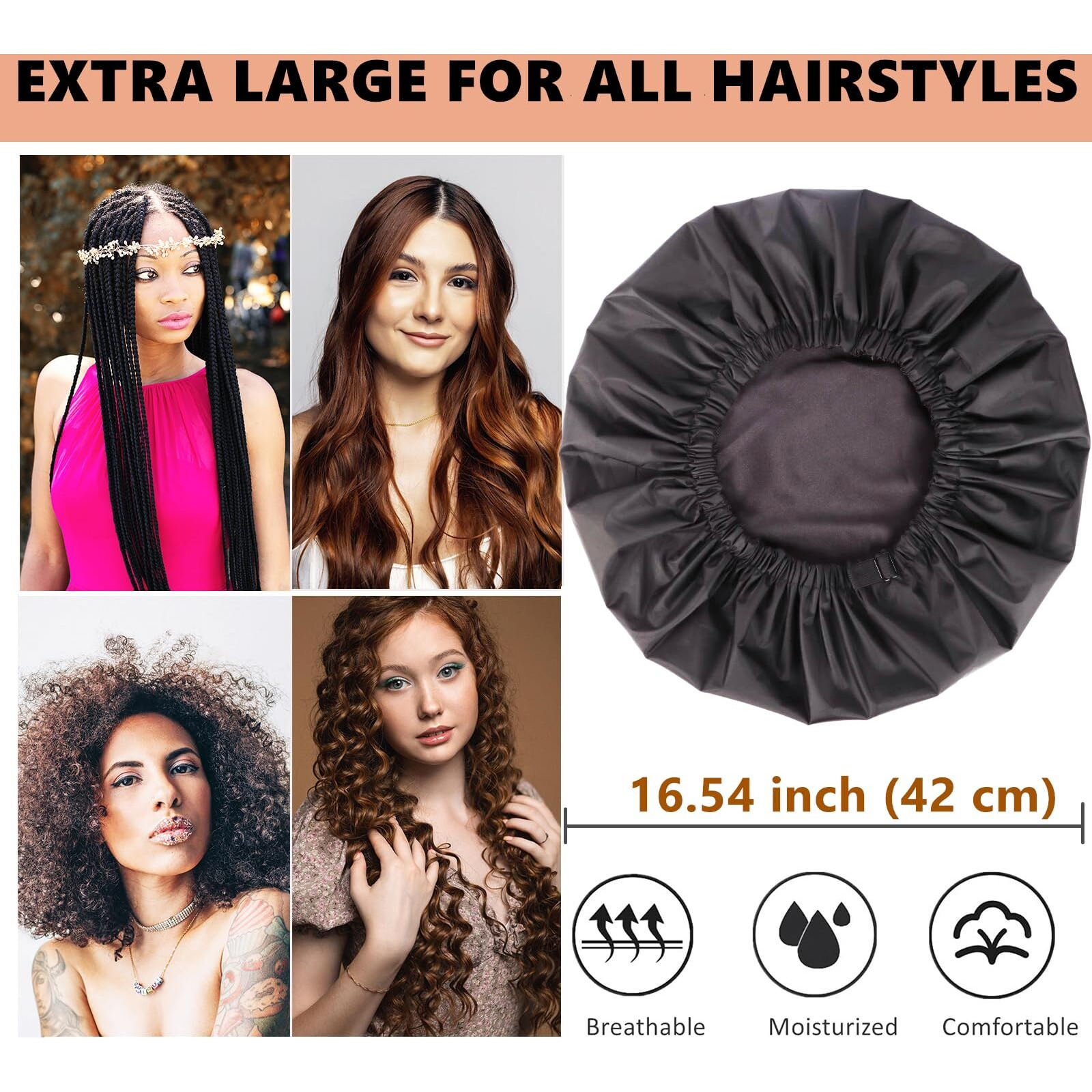 Shower Cap For Braids Extra Large Shower Cap For Women Braid Shower Cap For Long Braids Adjustable Jumbo Shower Cap Reusable Waterproof For Thick Long Hair Locs (X-Large Satin Lined Black)