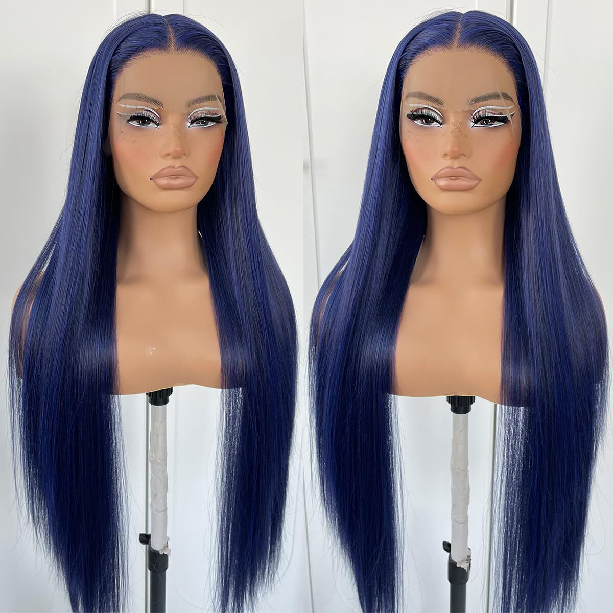 Mitimes Blue Straight Hd Lace Front Wig Pre-Plucked Glueless Synthetic Dark Blue Lace Front Wig For Fashion Women Transparent Lace Front Wig For Cosplay Party