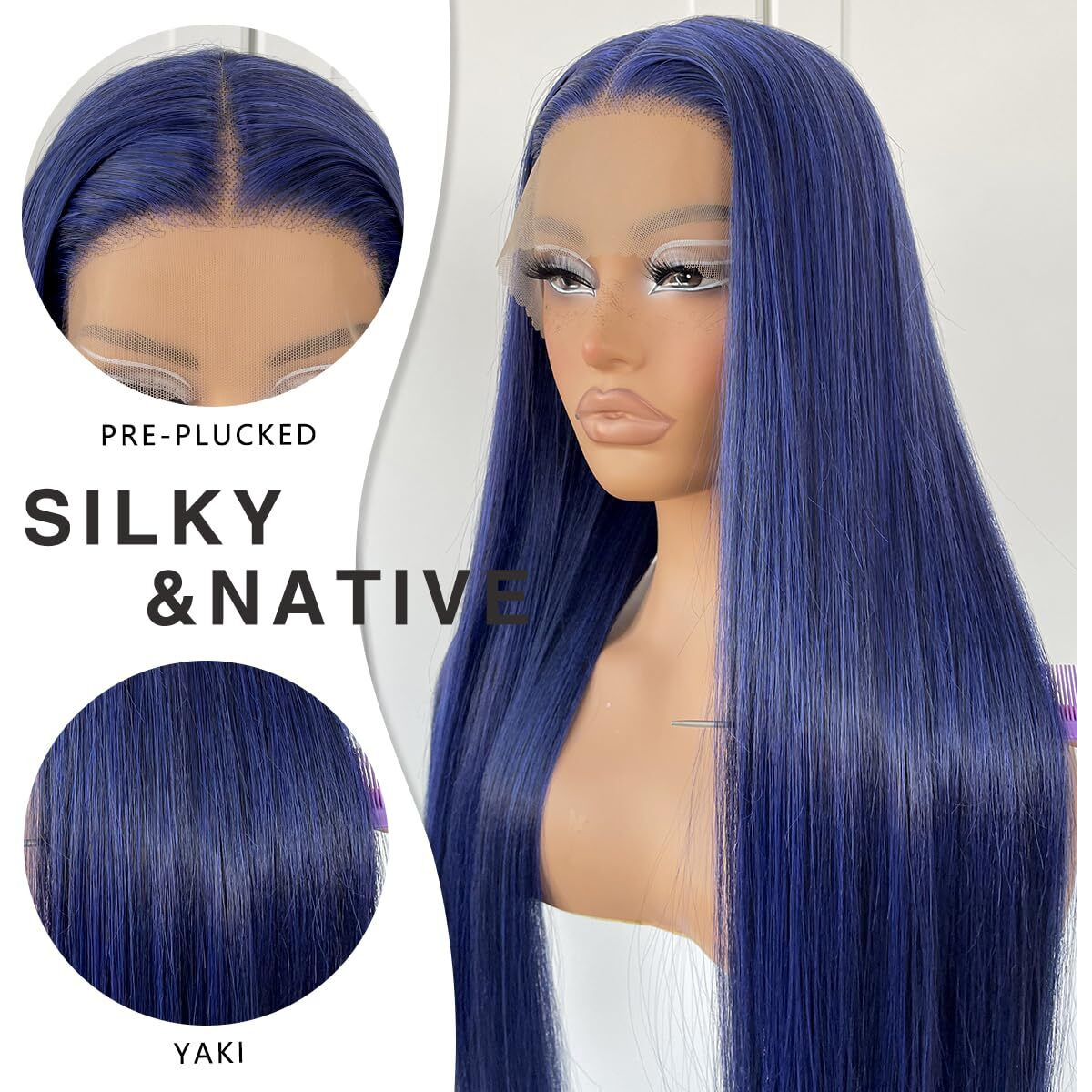 Mitimes Blue Straight Hd Lace Front Wig Pre-Plucked Glueless Synthetic Dark Blue Lace Front Wig For Fashion Women Transparent Lace Front Wig For Cosplay Party