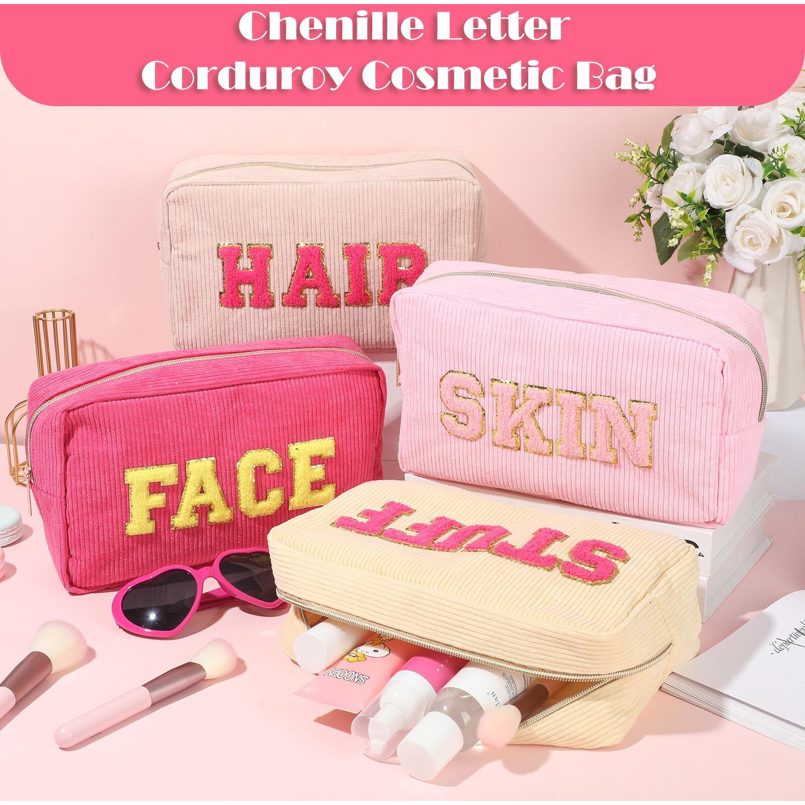 Pinkunn 4 Pcs Preppy Makeup Bags Chenille Letter Patch Bag Face Skin Hair Stuff Aesthetic Cosmetic Bag Corduroy Nylon Cosmetic Bag Birthday Gifts For Women(Pink Series Colors Corduroy)