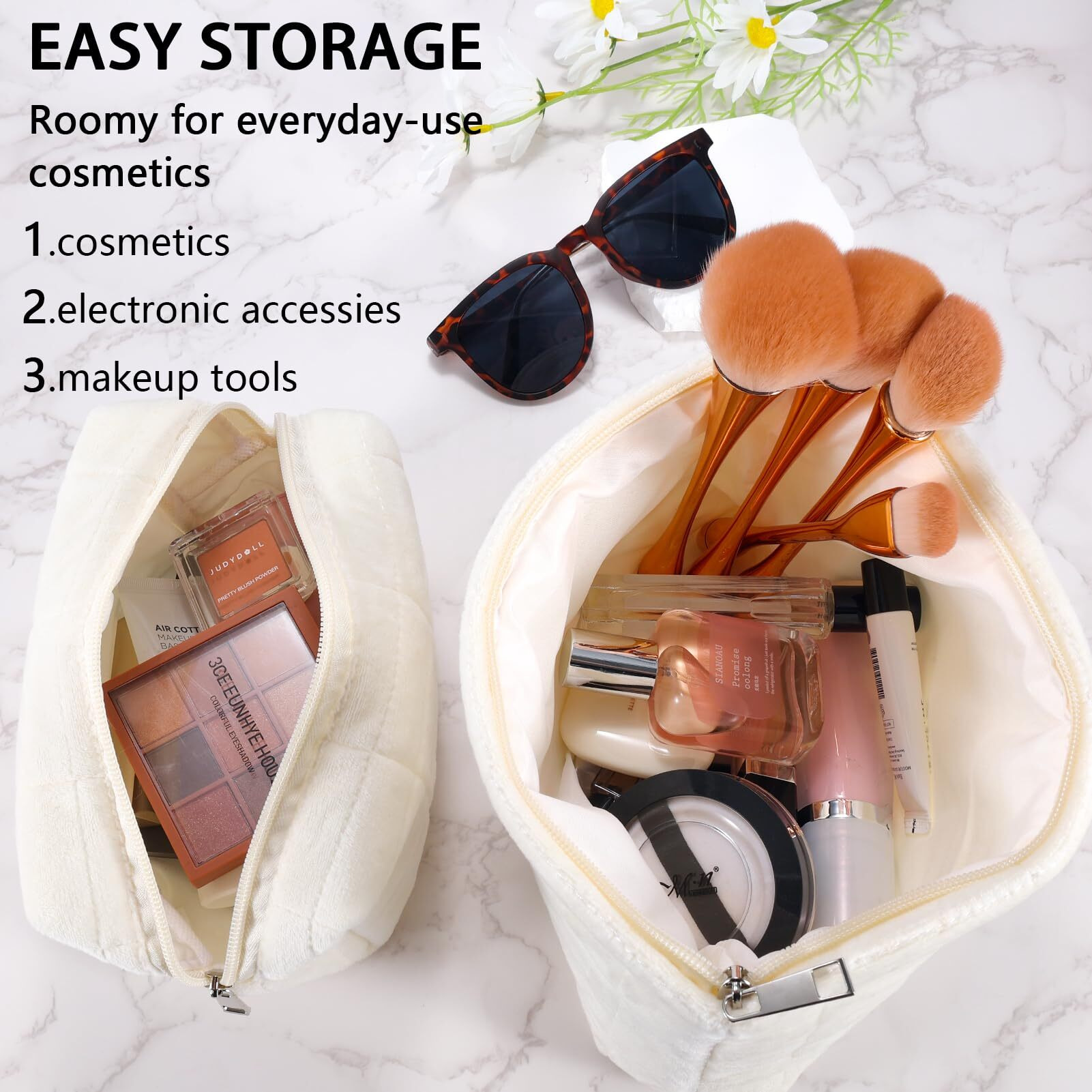 Zlfsrq 2Pcs Makeup Bag For Women Trendy Large Capacity Cosmetic Bag Plush White Checkered Makeup Pouch For Purse Coquette Zippered Bag Organizer Y2K Aesthetic Accessories Makeup Brushes Storage Bag