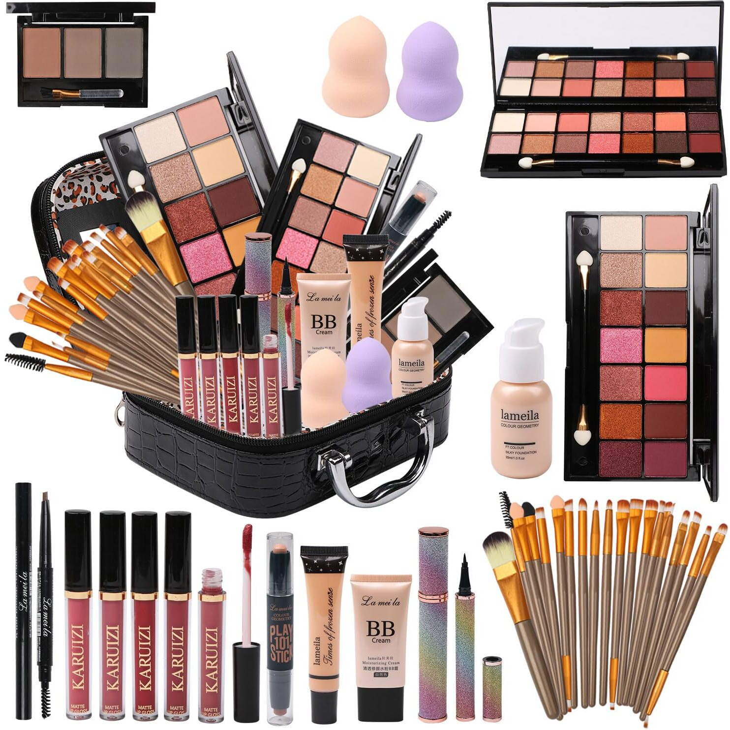 All In One Makeup Kit Full Kit Multipurpose Essential With Eyeshadow Palette Lip Gloss Foundation Mascara Eyebrow Pencil Eyeliner Contour Stick Makeup Brushes Cosmetic Bag Makeup Set For Women (Da112)