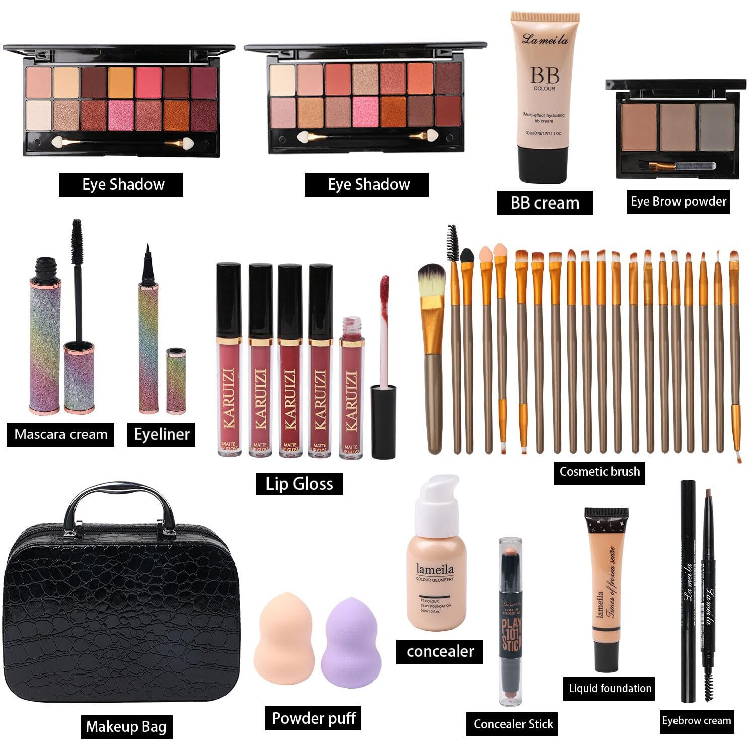 All In One Makeup Kit Full Kit Multipurpose Essential With Eyeshadow Palette Lip Gloss Foundation Mascara Eyebrow Pencil Eyeliner Contour Stick Makeup Brushes Cosmetic Bag Makeup Set For Women (Da112)