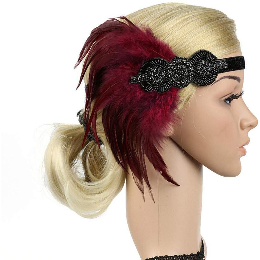 Women's Flapper Feather Headband 1920S Art Deco Roaring 20S Great Gatsby Headpiece Gatsby Costume 22Wine Red