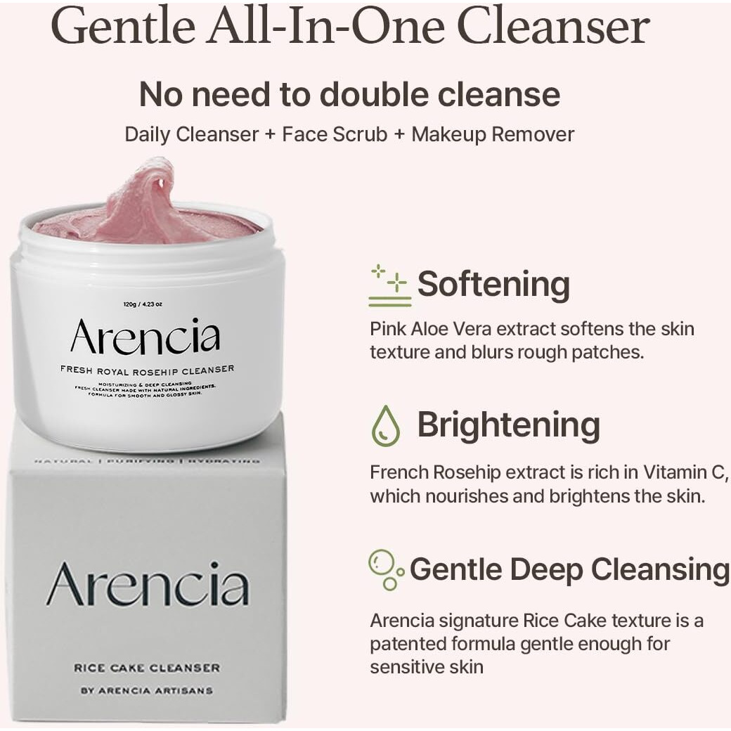 Arencia Rosehip Brightening Rice Mochi Face Cleanser & Daily Scrub - Moisturizing  Exfoliating & Deep-Cleansing - All Skin Types With Rice Powder & Rice Water (1.76Oz)