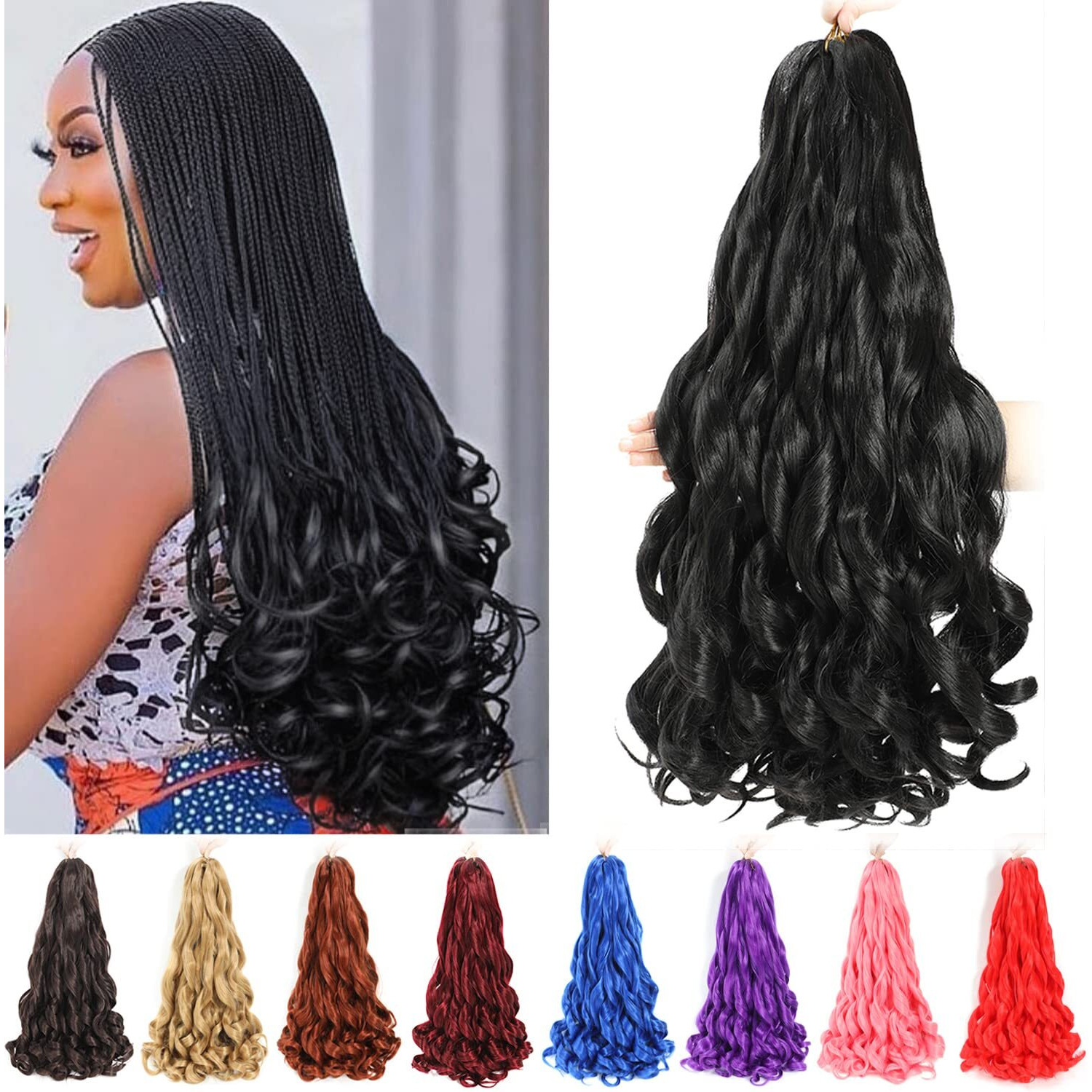 French Curly Braiding Hair 24 Inch 8 Packs - Pre Stretched Bouncy Braiding Hair- Loose Wavy Braiding Hair Synthetic Hair Extensions For Black Women (24 Inch 8 Packs  1B)