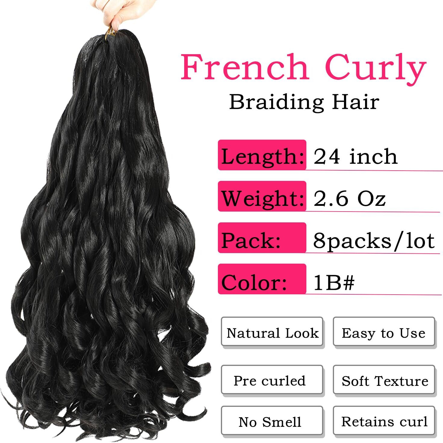 French Curly Braiding Hair 24 Inch 8 Packs - Pre Stretched Bouncy Braiding Hair- Loose Wavy Braiding Hair Synthetic Hair Extensions For Black Women (24 Inch 8 Packs  1B)