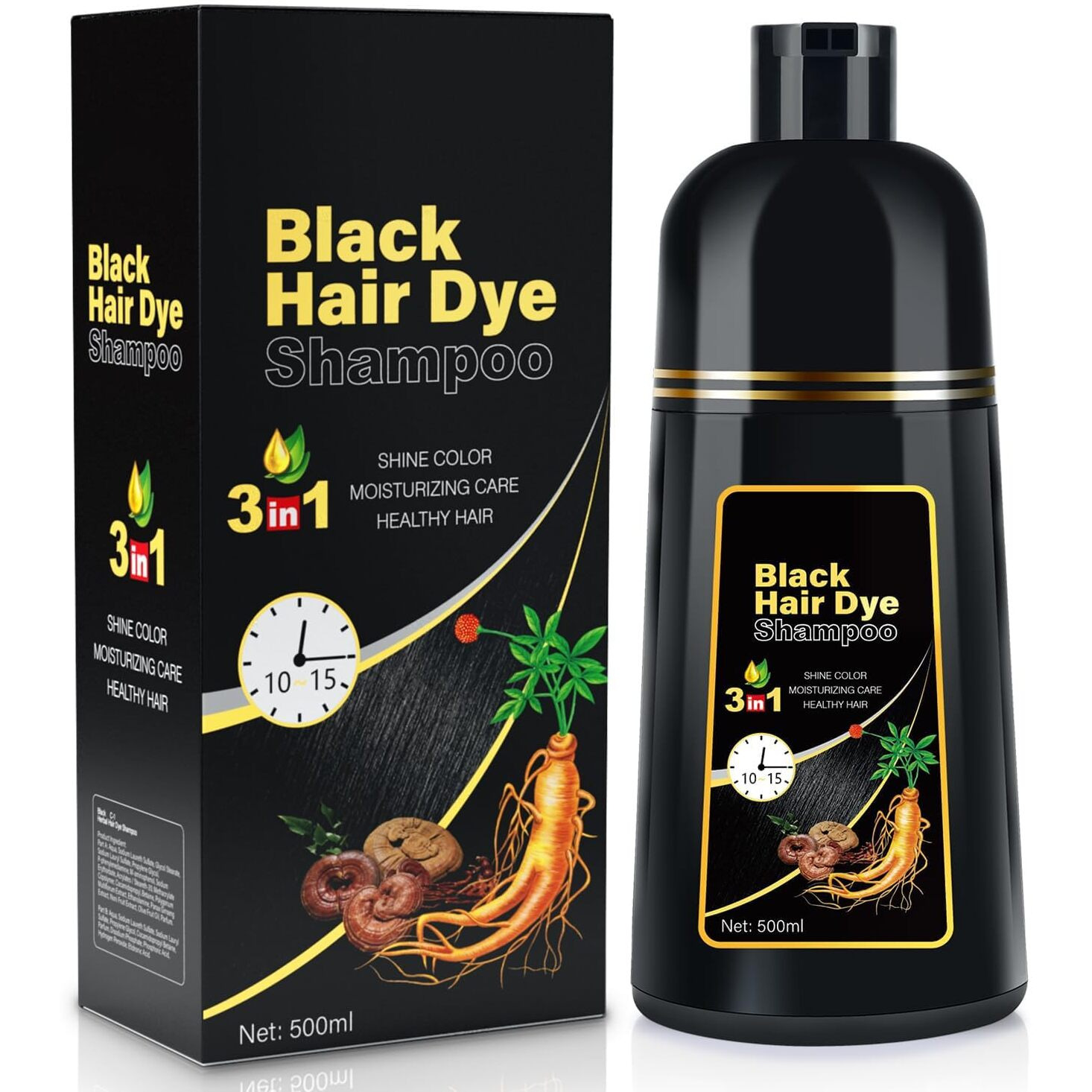 Yourtone Natural Black Hair Dye Shampoo Instant & Easy 3-In-1 Hair Color Solution For Men And Women - Herbal Formula  Ammonia-Free  Lasts 30 Days - 16.90 Oz