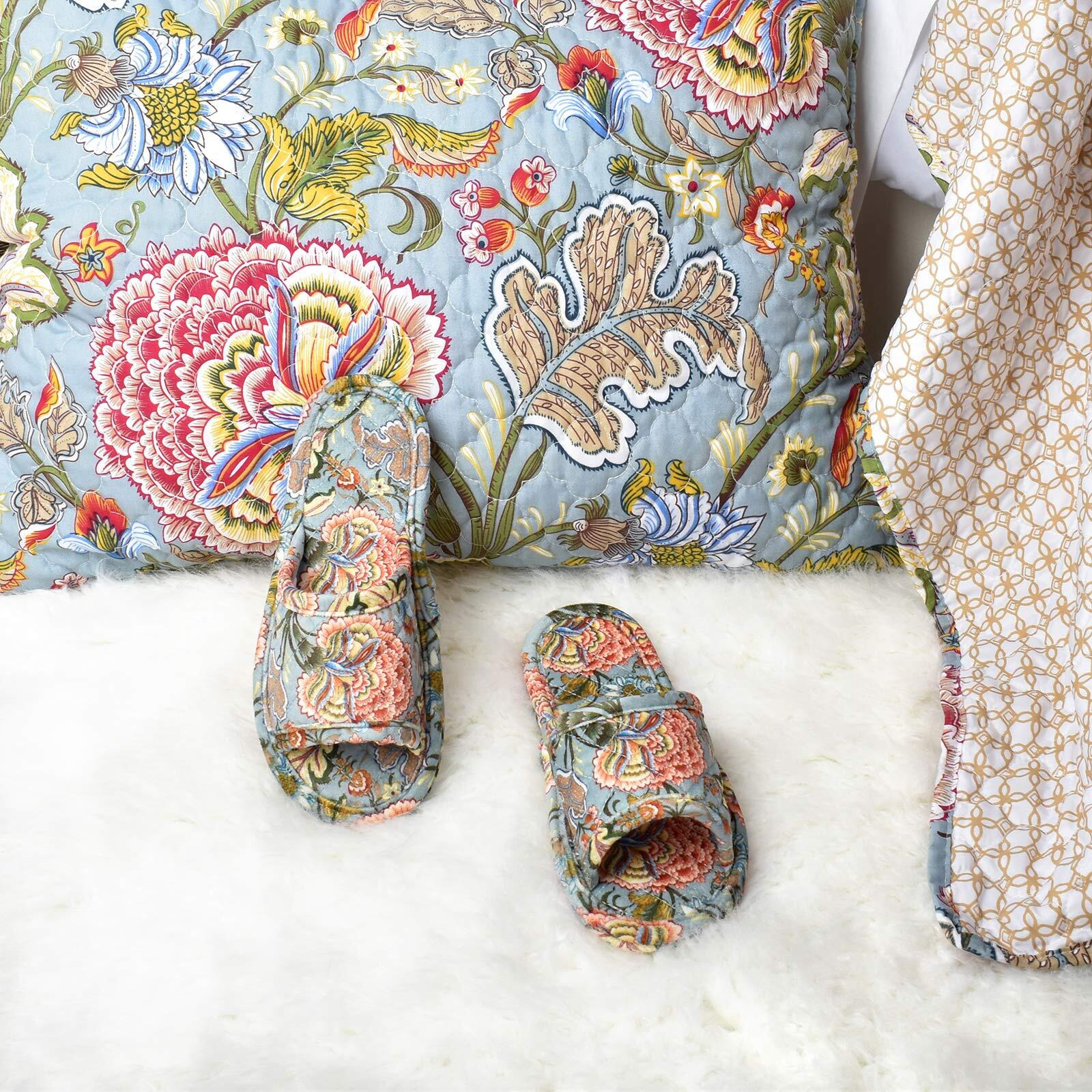 Loopuinhom Floral Velvet House Slippers For Women  Lightweight Open Toe Washable Portable Foldable Comfortable Guest Hotel Travel Airplane Spa Slippers Blue(8.5-9)