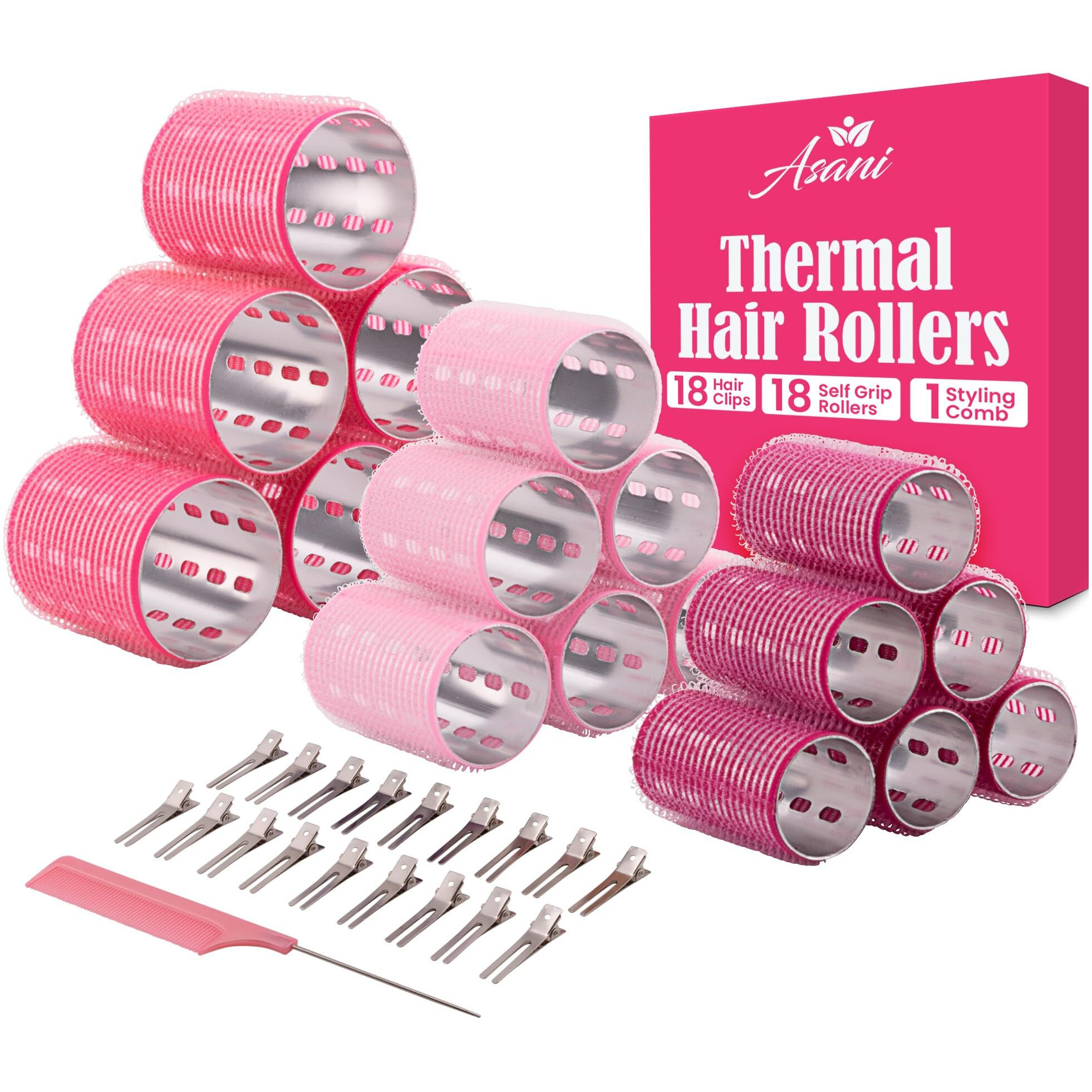 Asani Thermal Rollers For Hair - 37 Self Grip Hair Rollers With 18 Clips And Styling Comb - Aluminum Thermal Hair Rollers For Volume And All-Day Curls - For Short  Medium  And Long Hair (Large)