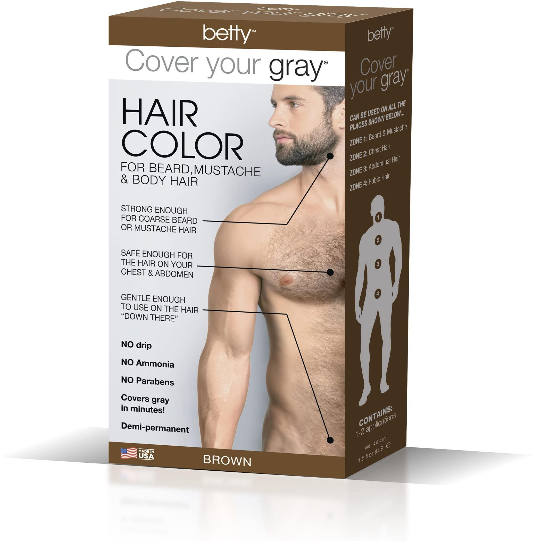 Betty Cover Your Gray Mens Hair Color For Beard  Mustache & Body Hair - Brown