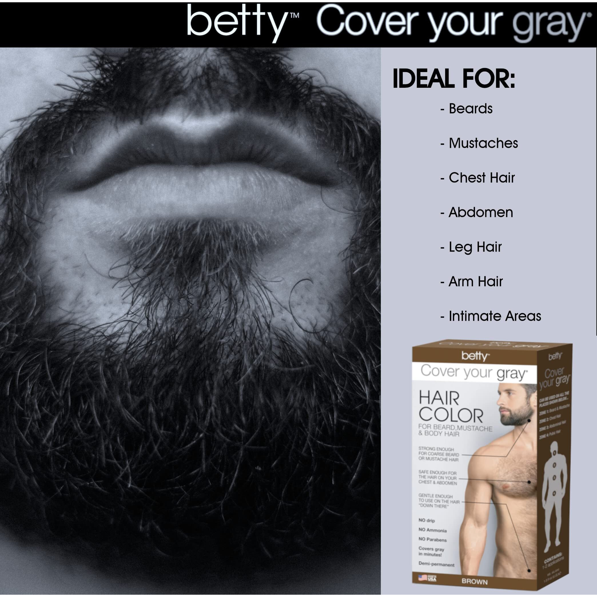 Betty Cover Your Gray Mens Hair Color For Beard  Mustache & Body Hair - Brown