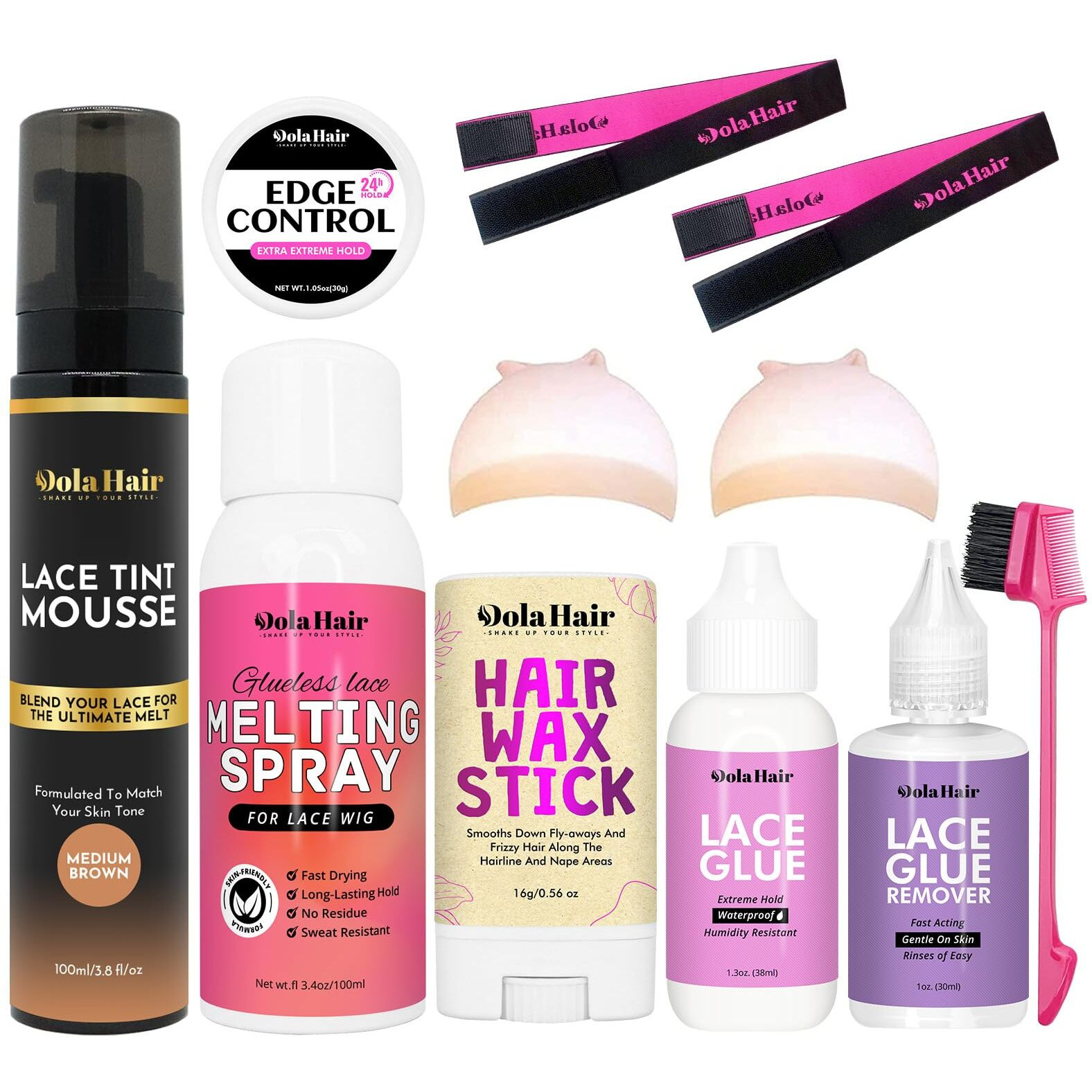 Dolahair Lace Glue Kit Lace Tint Mousse Wig Glue Kit Complete Set Lace Front Kit Wig Installation Kit Wig Melting Kit Melting Spray For Lace Wig Melt Wig Essentials (Medium Brown)