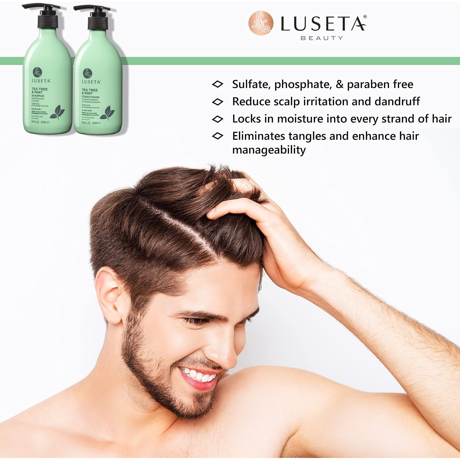 Luseta Tea Tree & Mint Shampoo Cleansing And Soothing For All Hair Types Nourishing & Invigorating Scalp Fights Dandruff 16.9 Oz