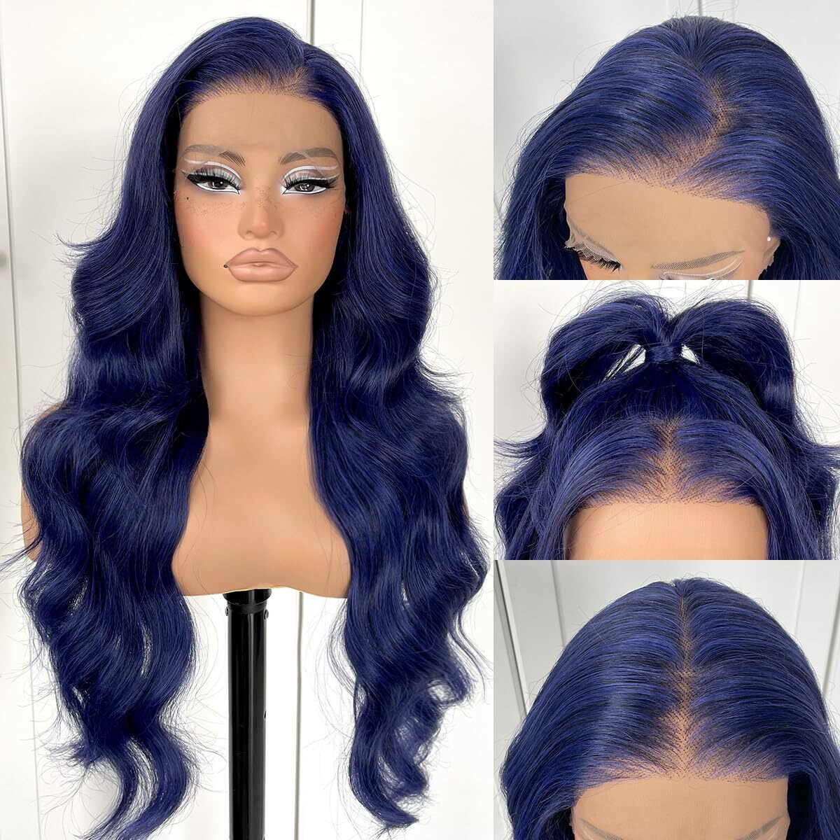Mitimes 13X6 Glueless Blue Body Wave Lace Front Wig Pre Plucked Synthetic Dark Blue Hd Lace Front Wig For Fashion Women Transparent Lace Front Wig For Cosplay Party