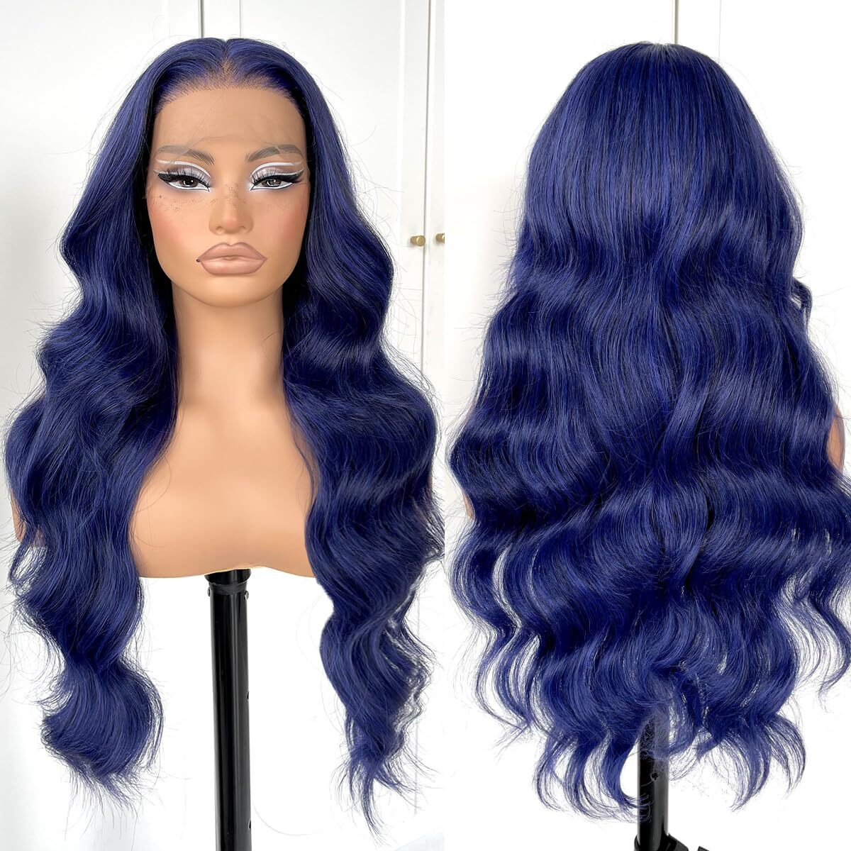 Mitimes 13X6 Glueless Blue Body Wave Lace Front Wig Pre Plucked Synthetic Dark Blue Hd Lace Front Wig For Fashion Women Transparent Lace Front Wig For Cosplay Party