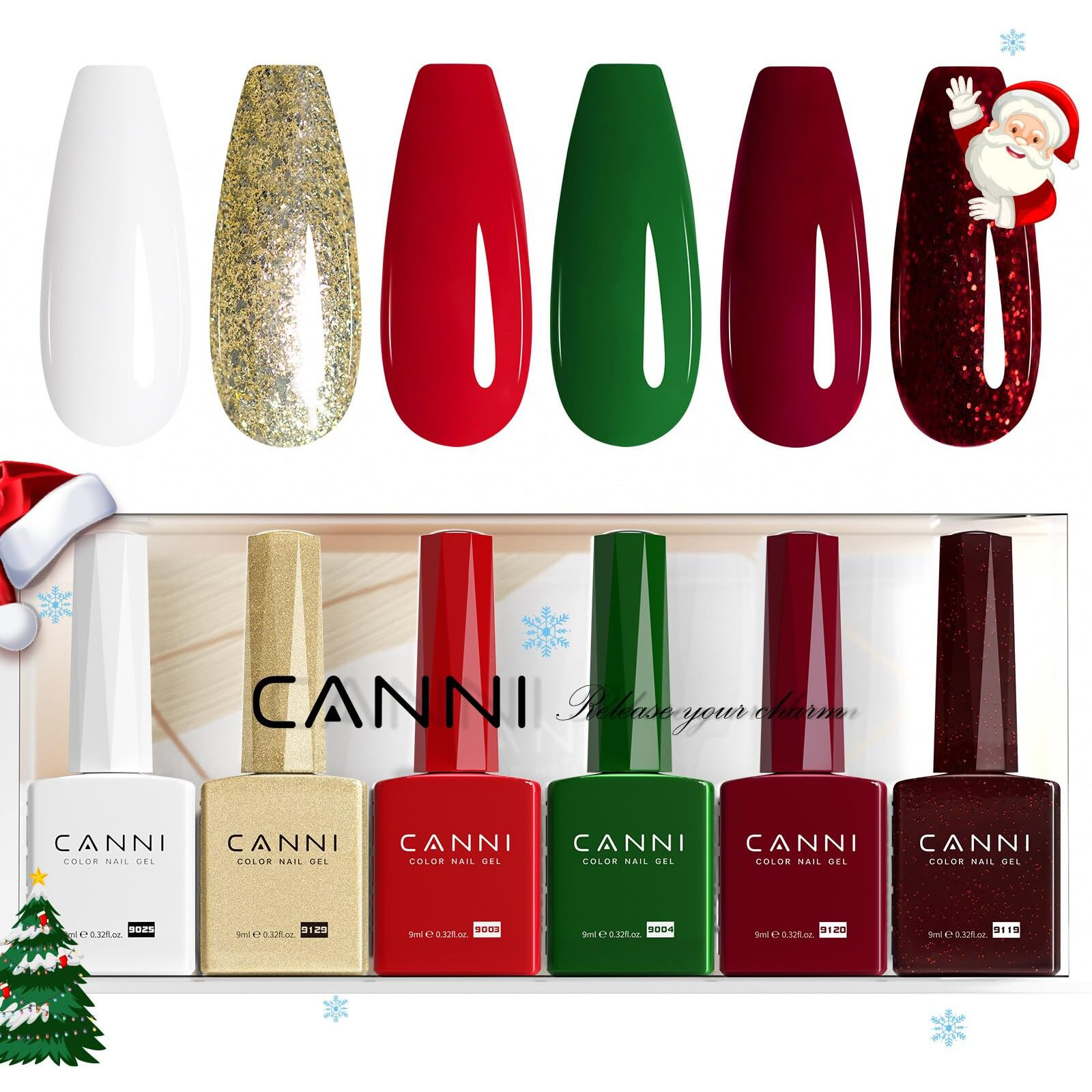 Canni 6Pcs 9Ml Gel Nail Polish Set- White Glitter Gold Emerald Green Burgundy Red Gel Polish Kit Christmas Colors Diy At Home Salon New Year's Gifts For Girls