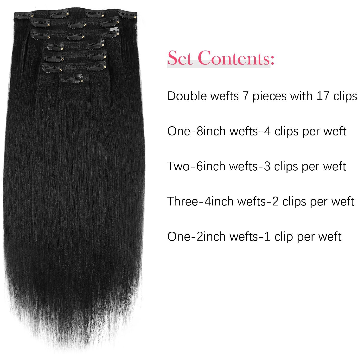 Sassina Remy Yaki Clip In Hair Extensions Human Hair Coarse Yaki Straight Clip Ins For Black Women Double Weft Clip Ins Full Head 7 Pieces 17 Clips 120 Grams 14 Inch 1